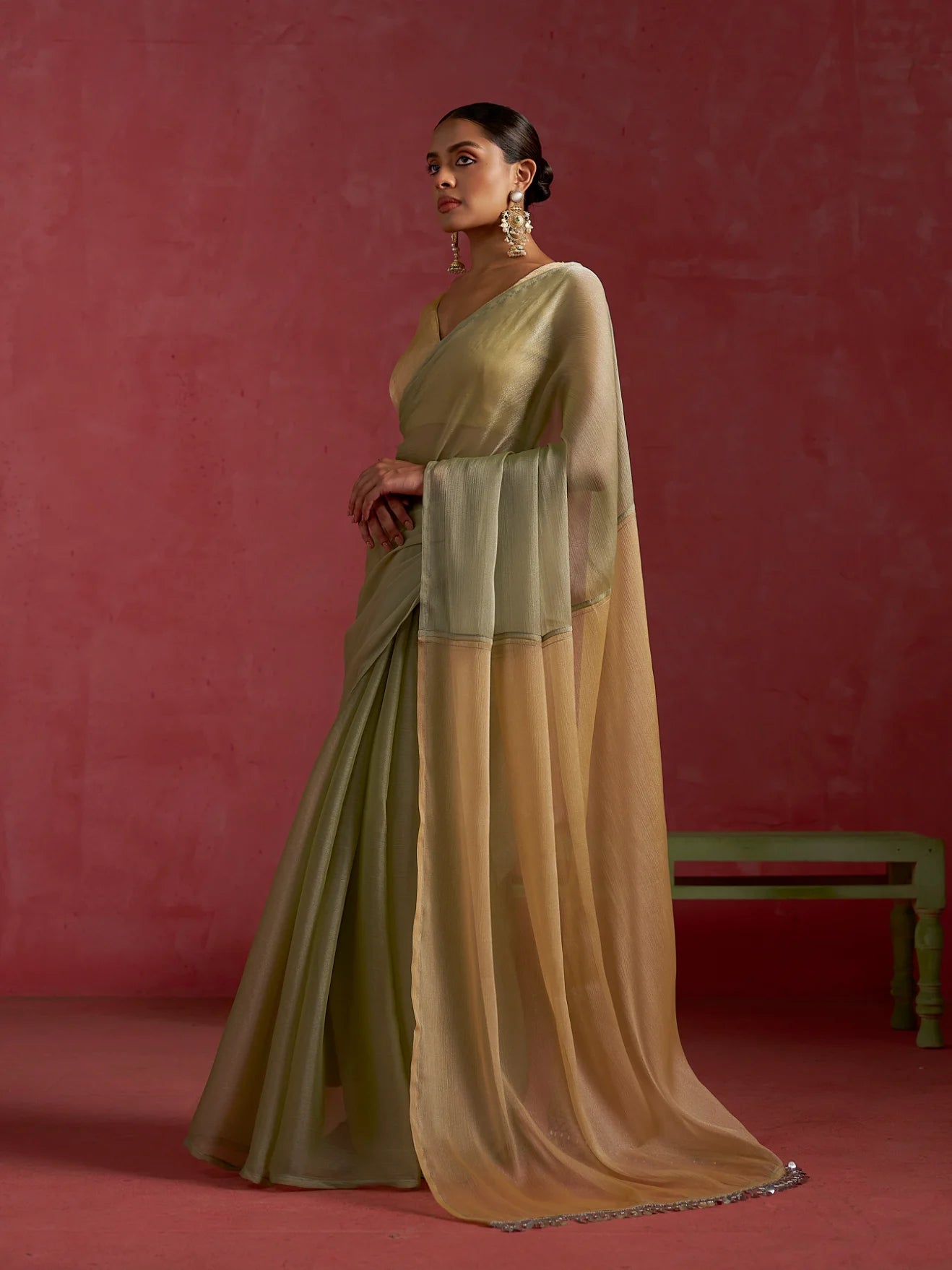 PISTA & YELLOW GLOW CHIFFON READY-TO-WEAR SAREE
