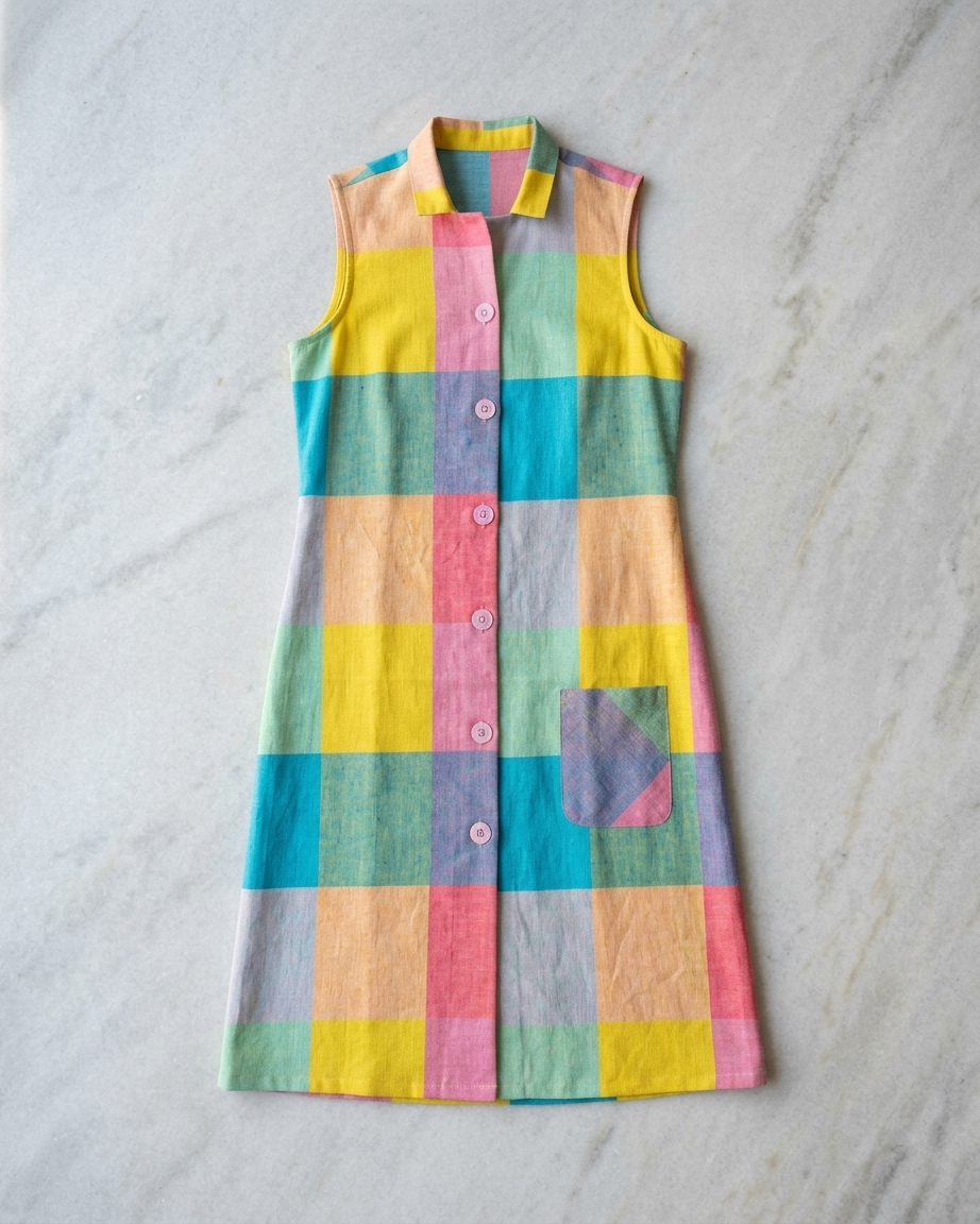 MULMUL COTTON MADRAS CHECK SLEEVE LESS DRESS