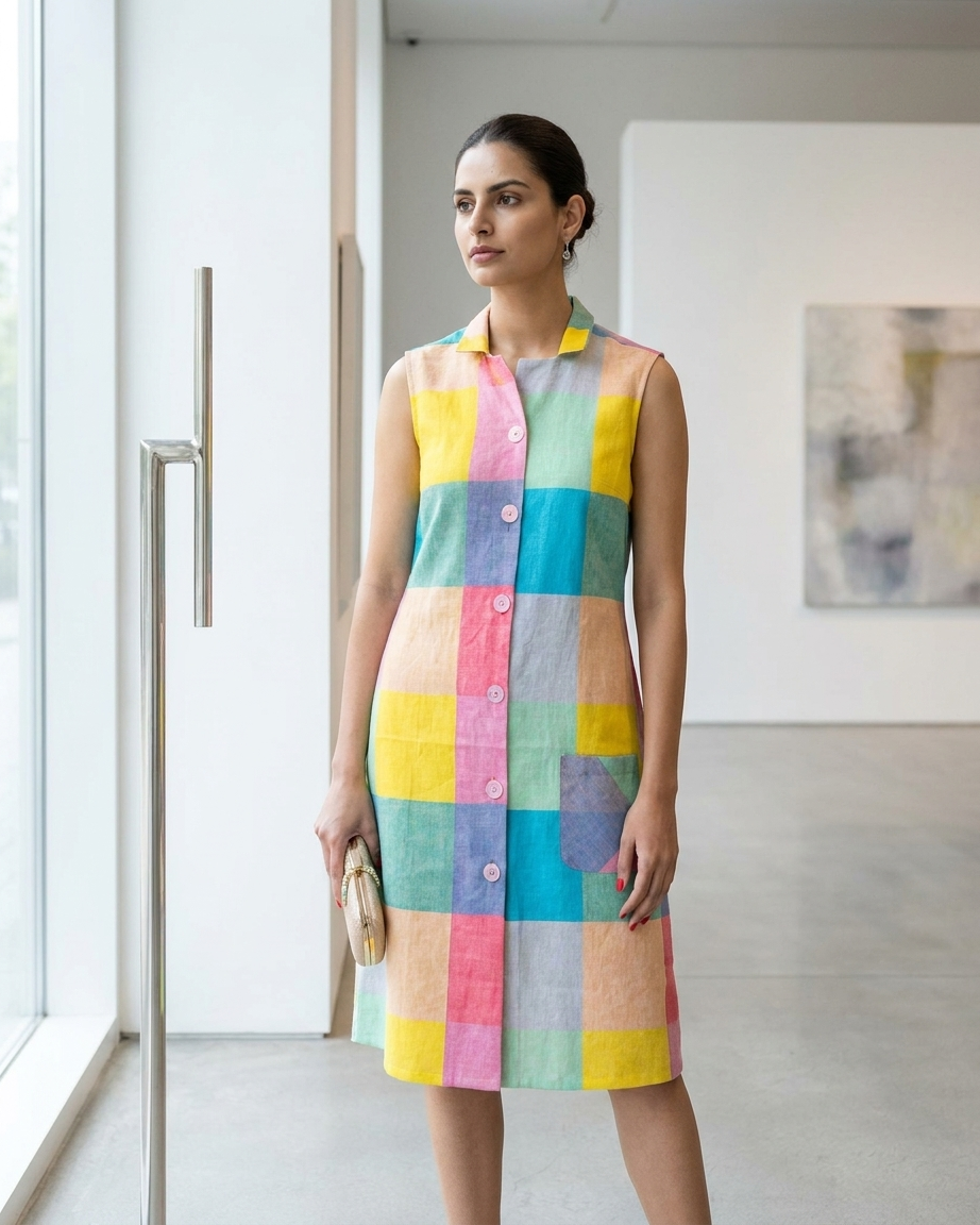 MULMUL COTTON MADRAS CHECK SLEEVE LESS DRESS