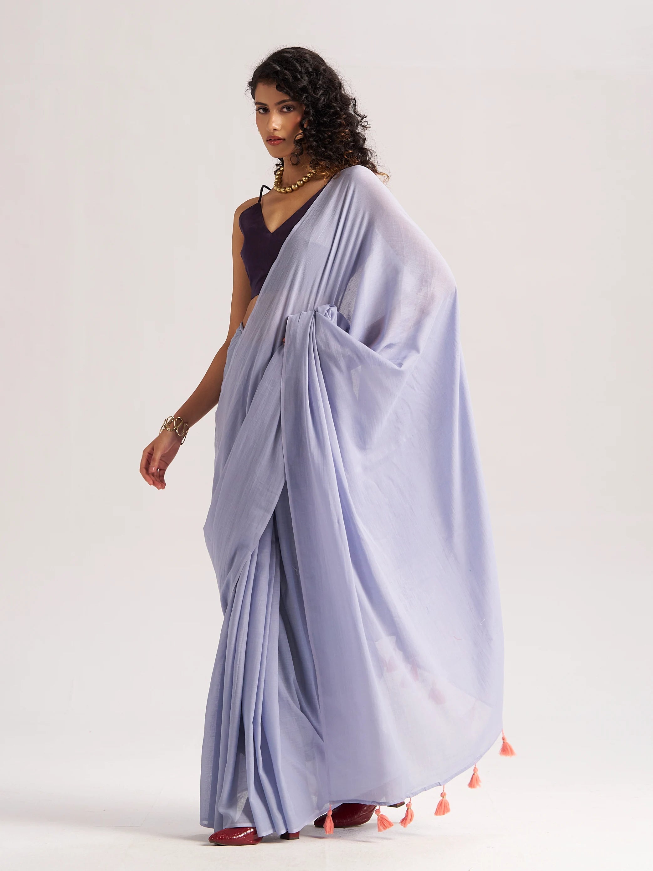 POWDER BLUE MULMUL COTTON LIVA SOLID SAREE