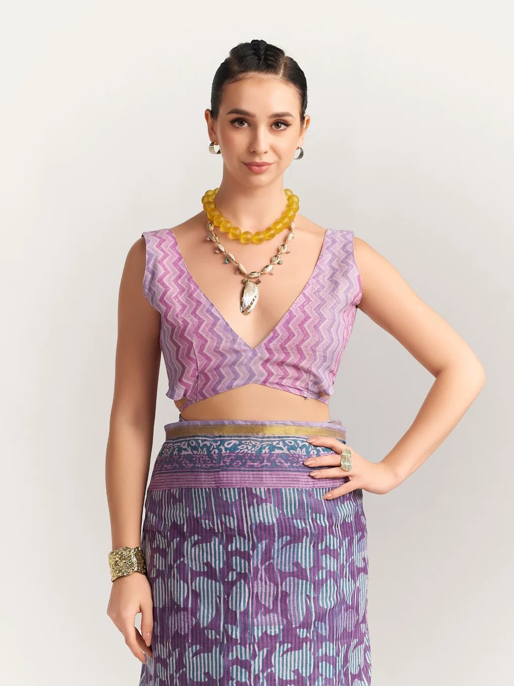 PURPLE LILAC MULMUL COTTON BLOCK PRINTED SAREE