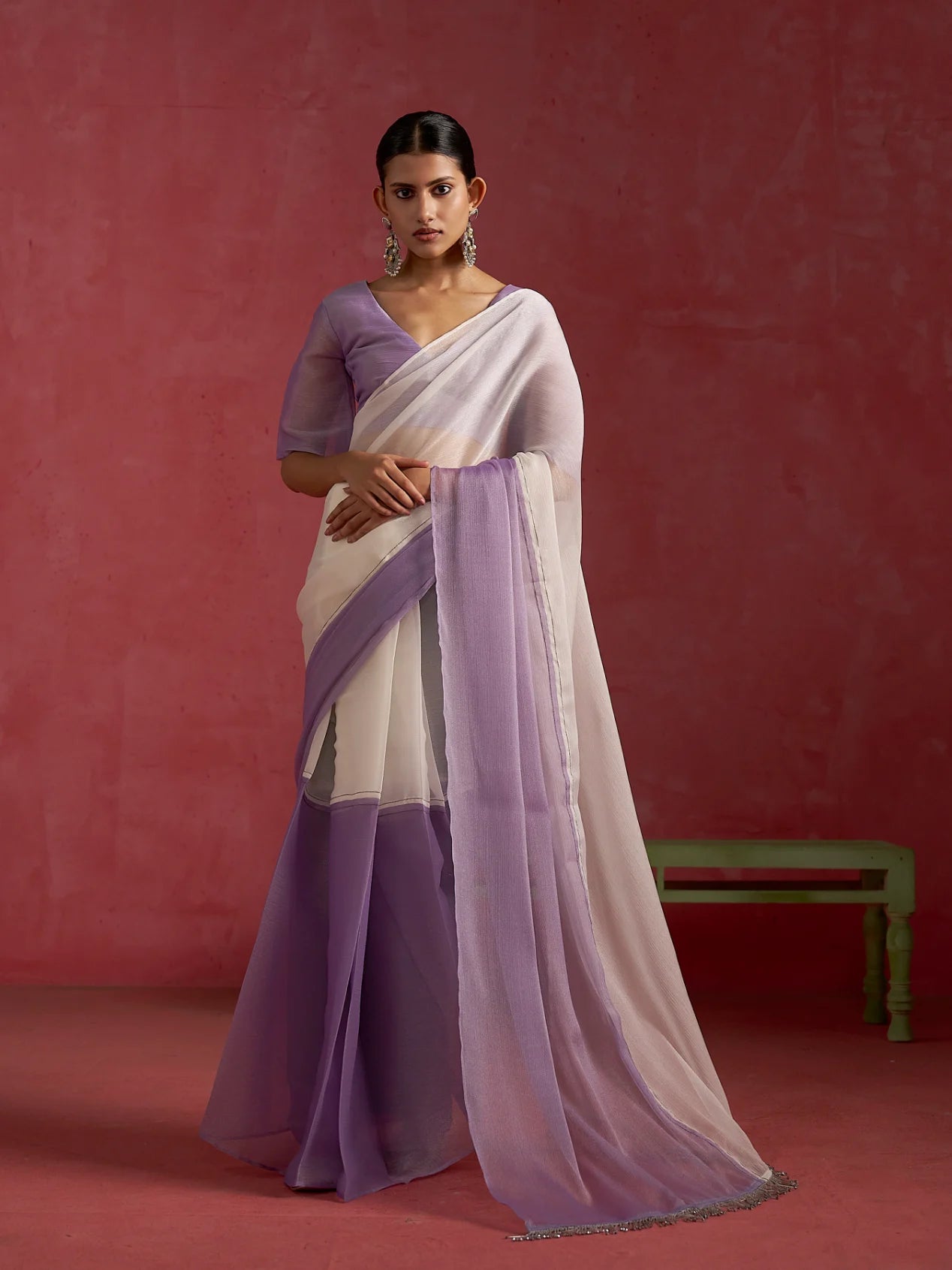 PURPLE OFF WHITE CHIFFON READY-TO-WEAR SAREE