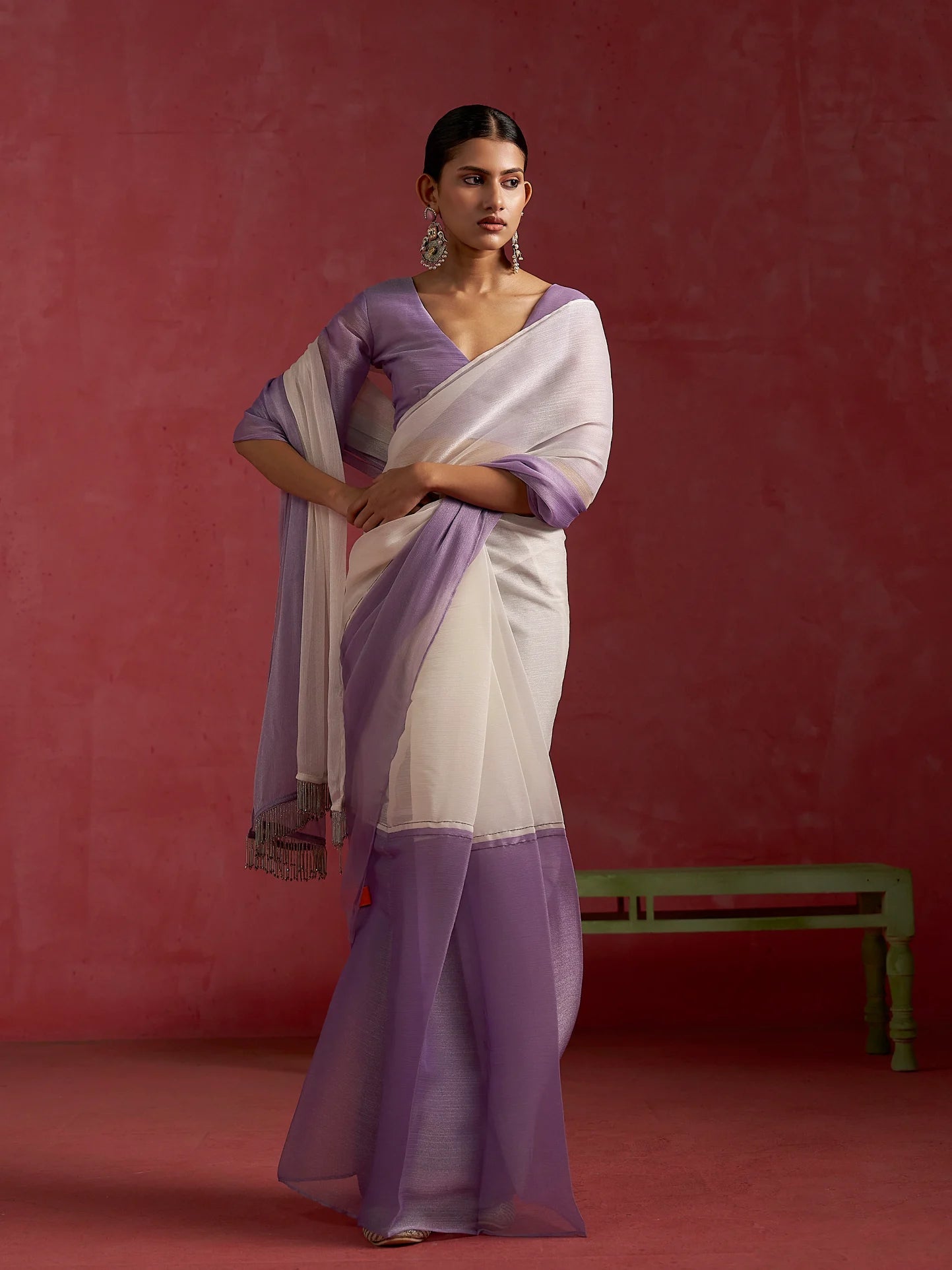 PURPLE OFF WHITE CHIFFON READY-TO-WEAR SAREE