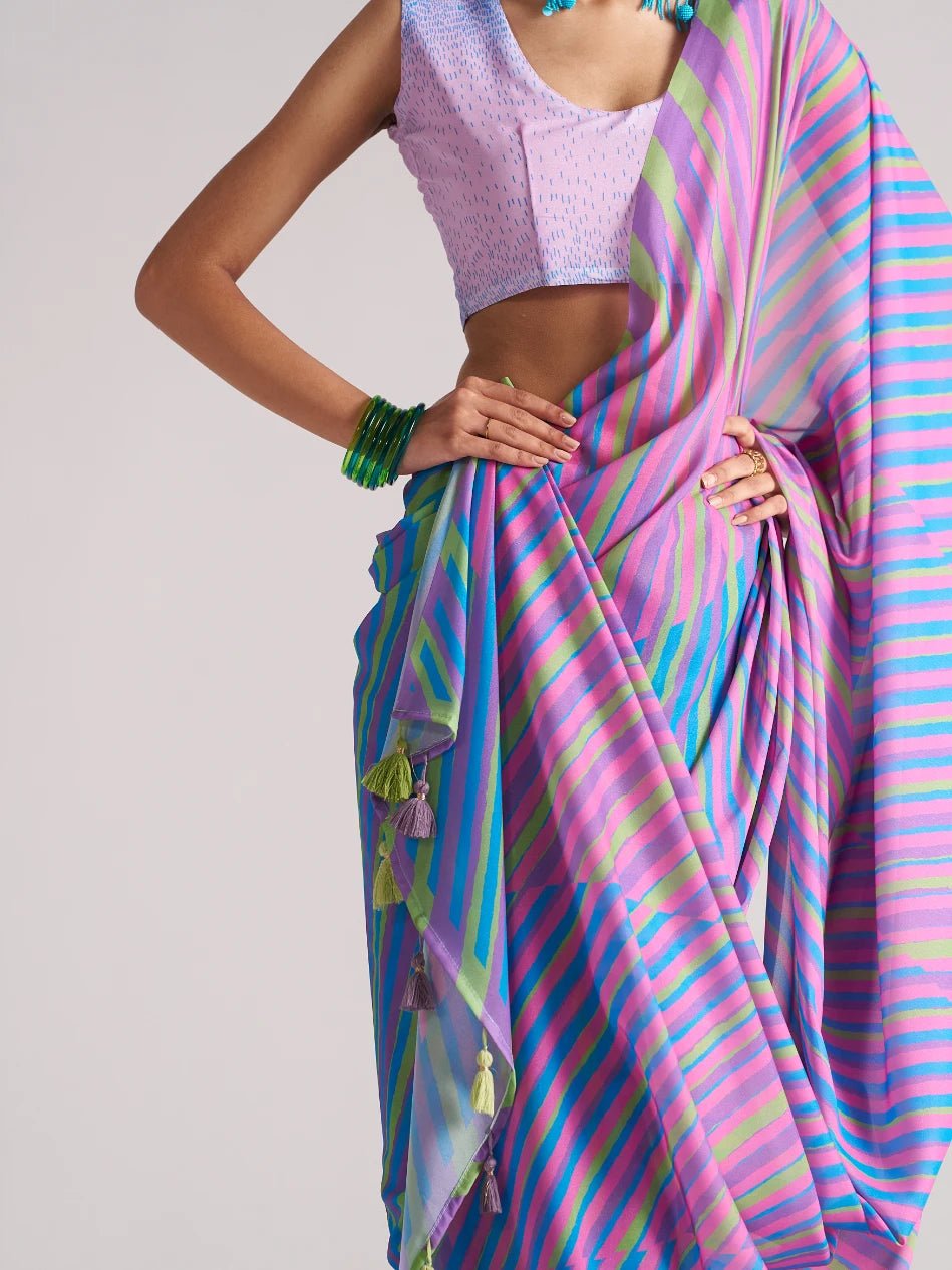 PURPLE & RAMA GREEN GEORGETTE SPARKLE LAHERIYA DIGITAL PRINTED SAREE