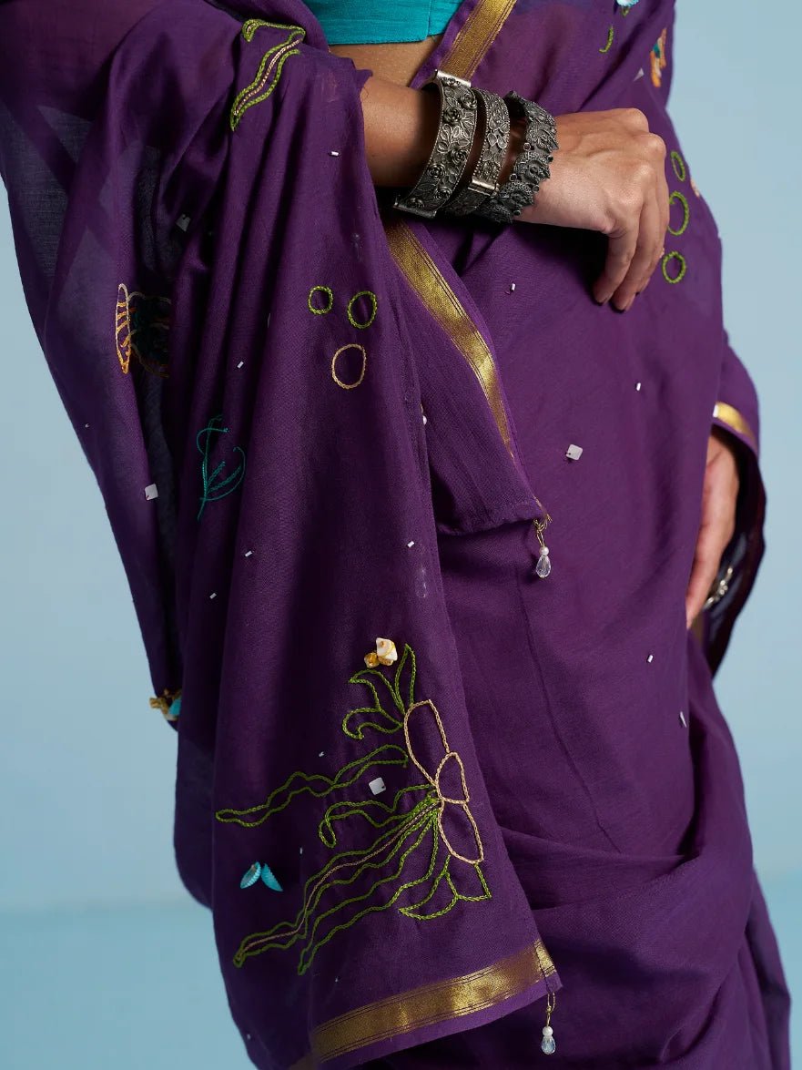 PURPLE VISCOSE MUL THREAD WORK SAREES