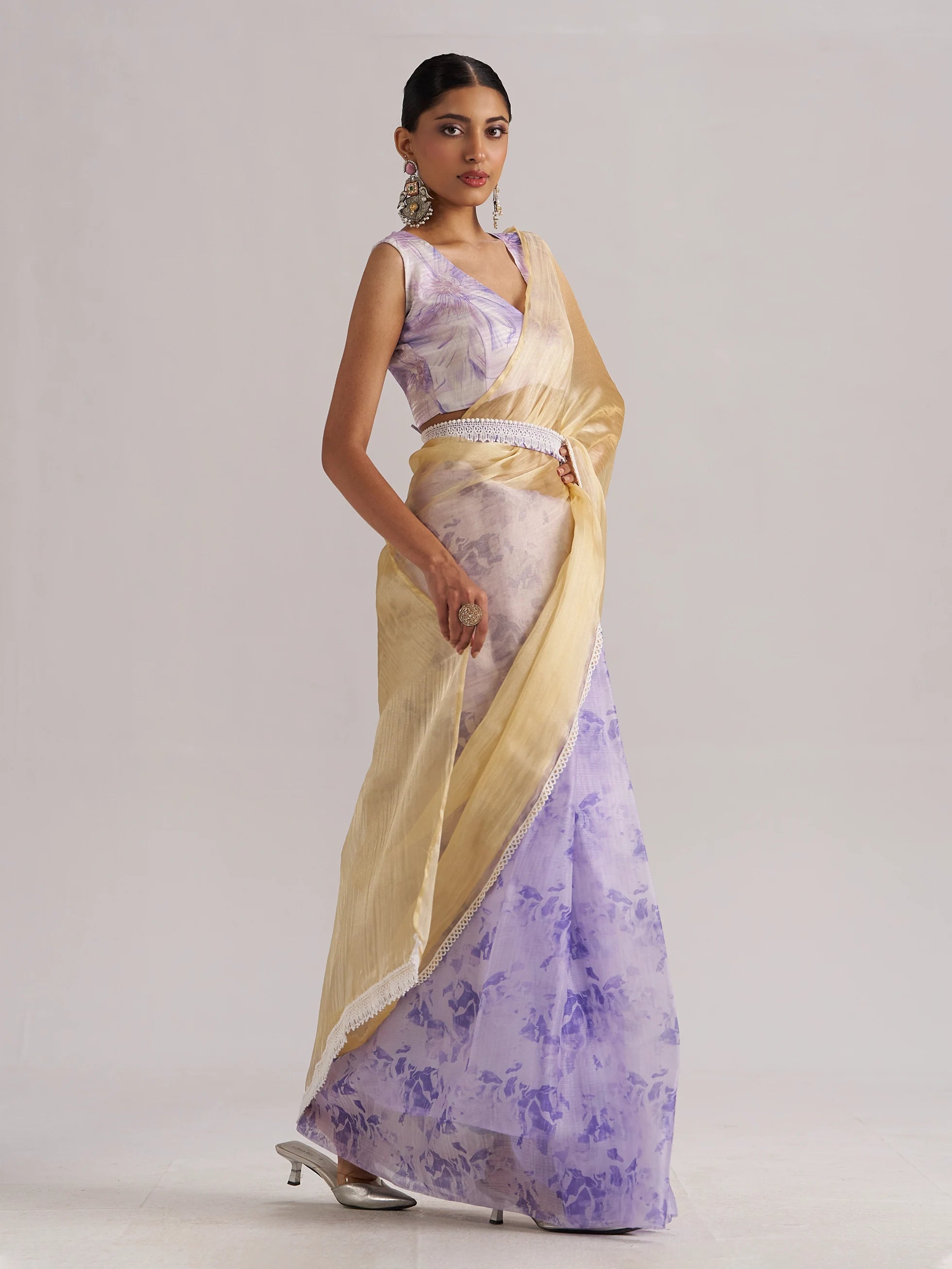 PURPLE & YELLOW HARMONY SOFT ORGANZA READY-TO-WEAR SAREE