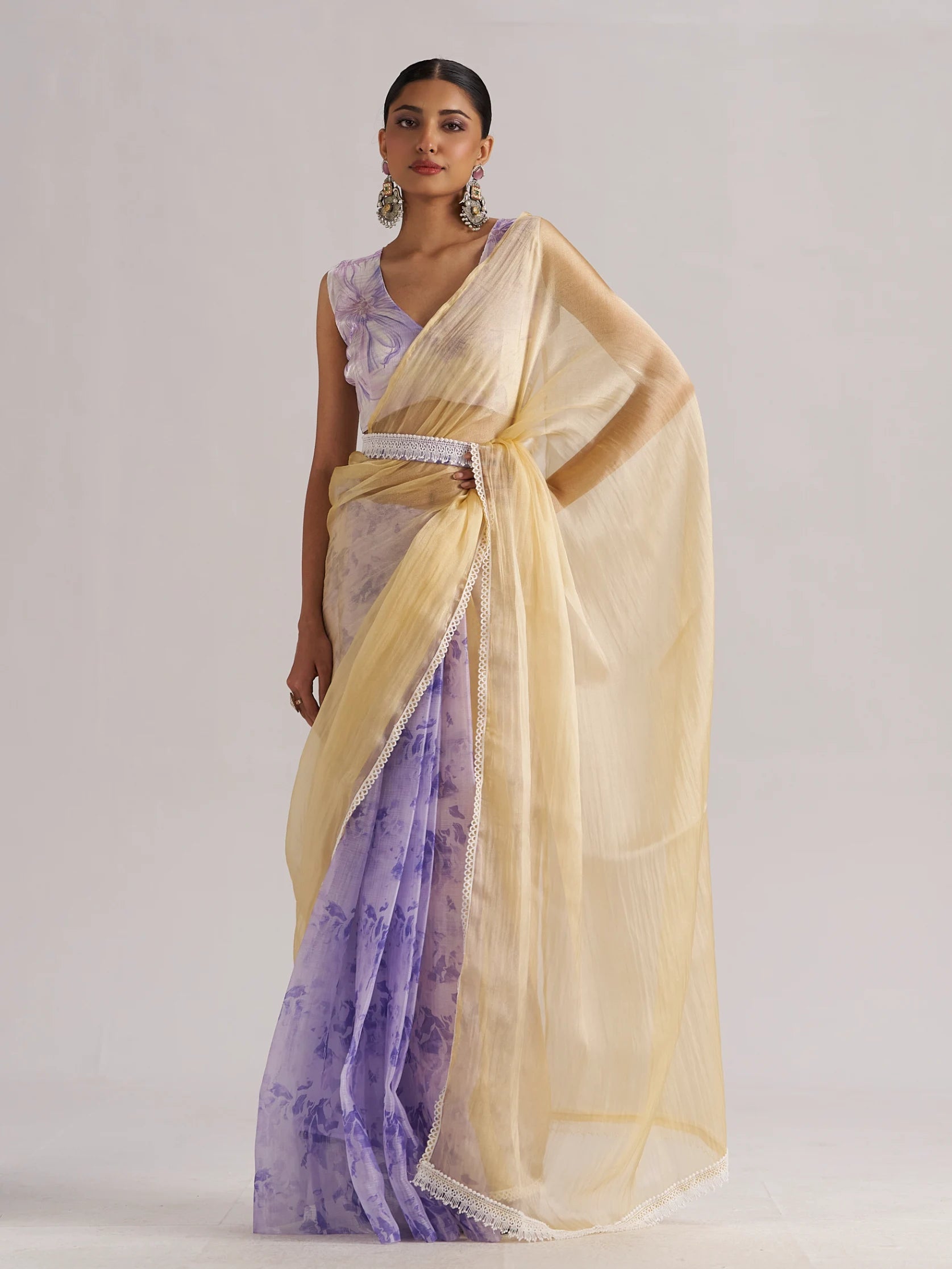 PURPLE & YELLOW HARMONY SOFT ORGANZA READY-TO-WEAR SAREE