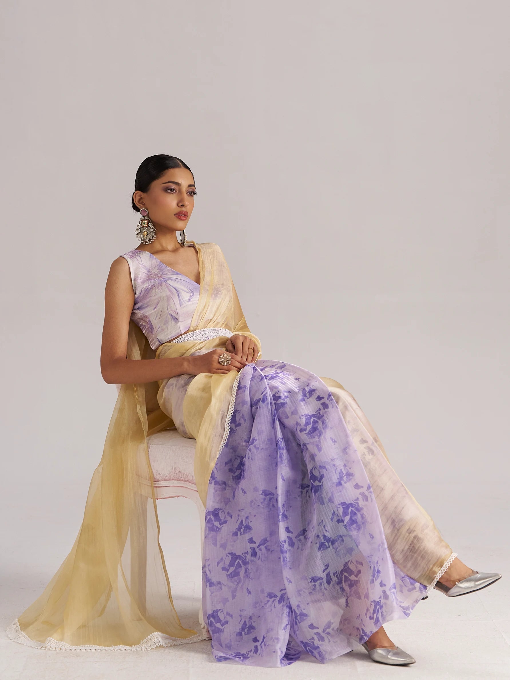 PURPLE & YELLOW HARMONY SOFT ORGANZA READY-TO-WEAR SAREE