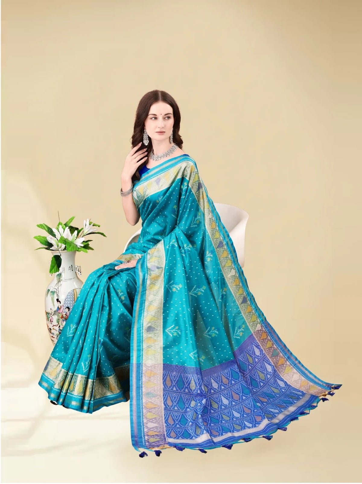RAMA BLUE HANDWOVEN LEAF ART SILK SAREE