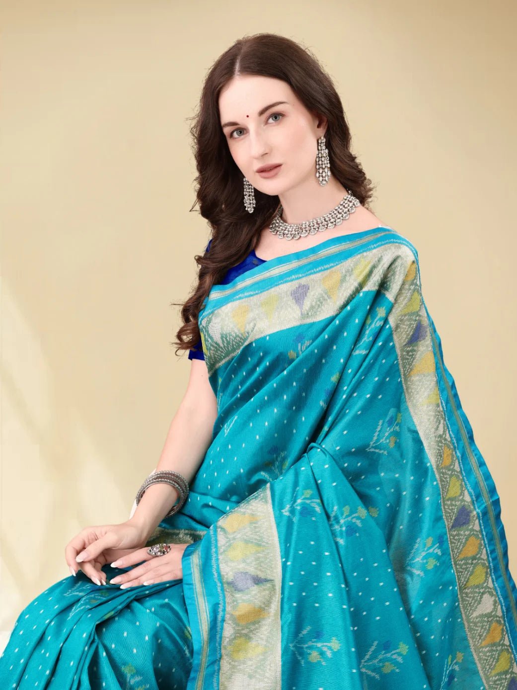 RAMA BLUE HANDWOVEN LEAF ART SILK SAREE