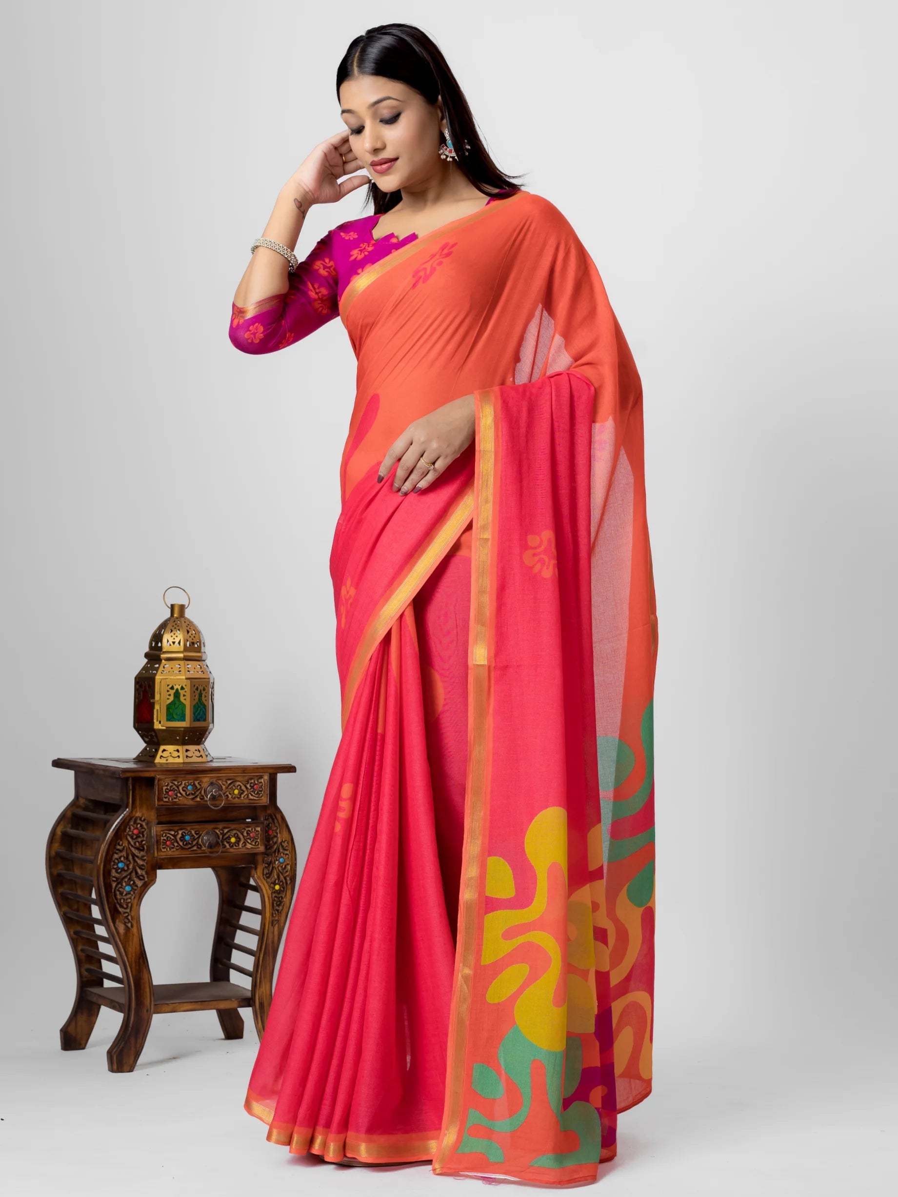 RANI & PEACH VISCOSE MUL LIVA DIGITAL PRINTED SAREE