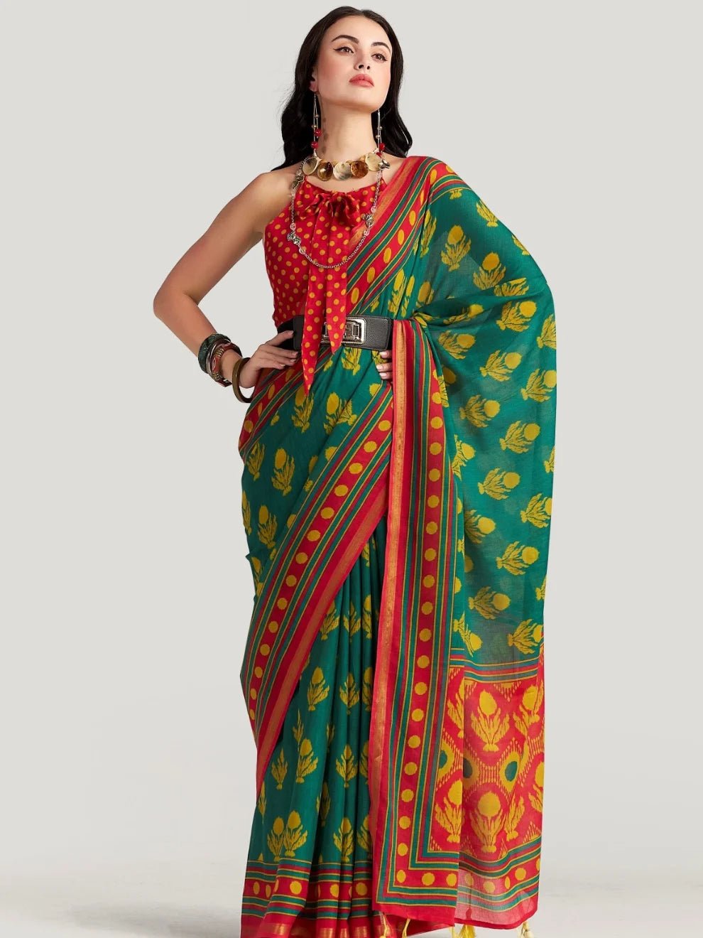 RANI & PEACOCK GREEN VISCOSE MUL LIVA DIGITAL PRINTED SAREE