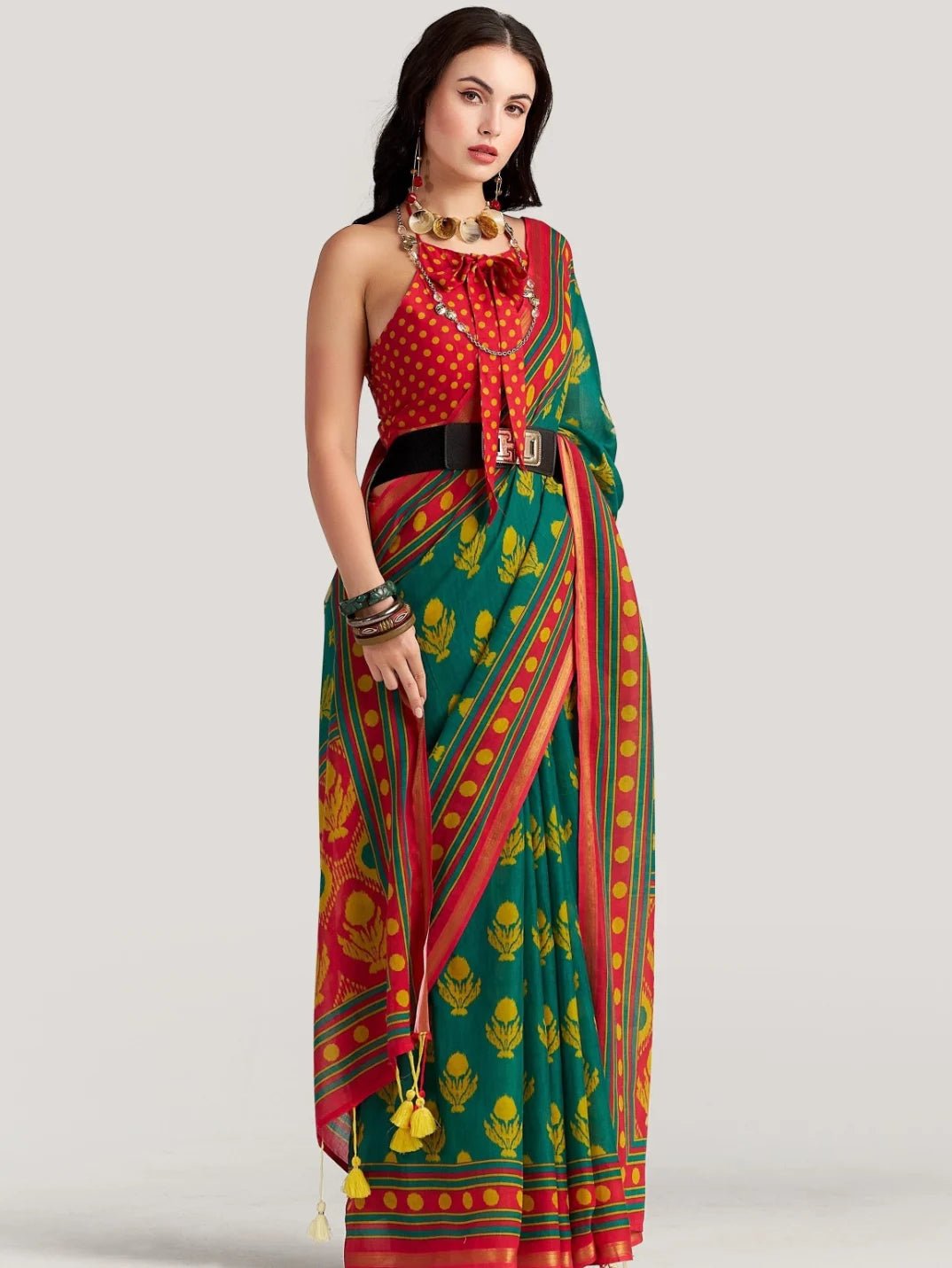 RANI & PEACOCK GREEN MULMUL COTTON LIVA DIGITAL PRINTED SAREE
