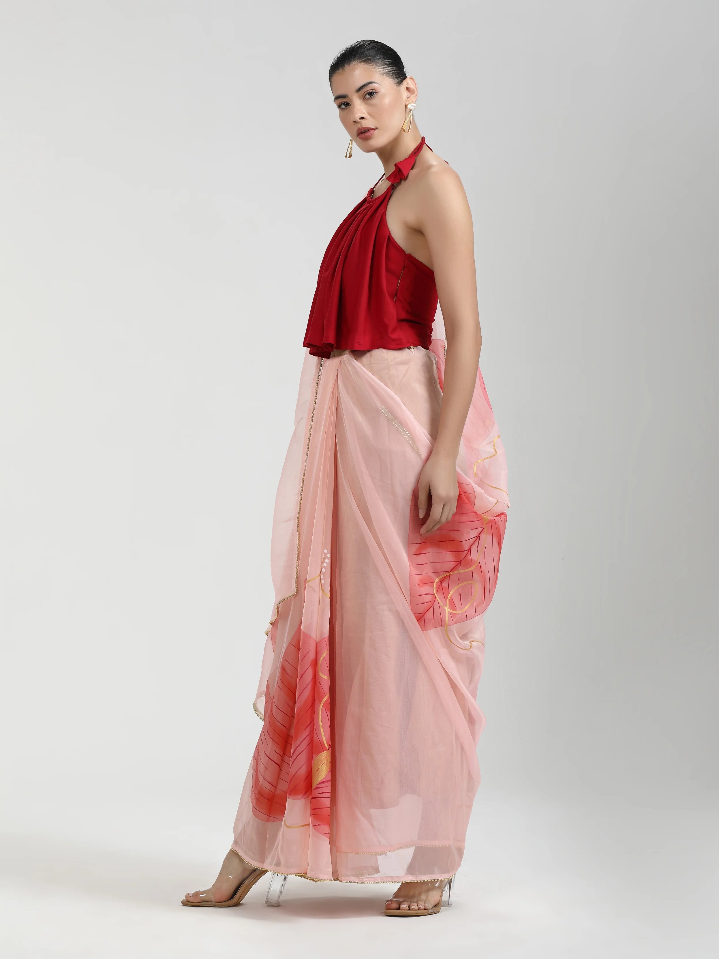 RED FLORAL HAND PAINTED ORGANZA SILK SAREE