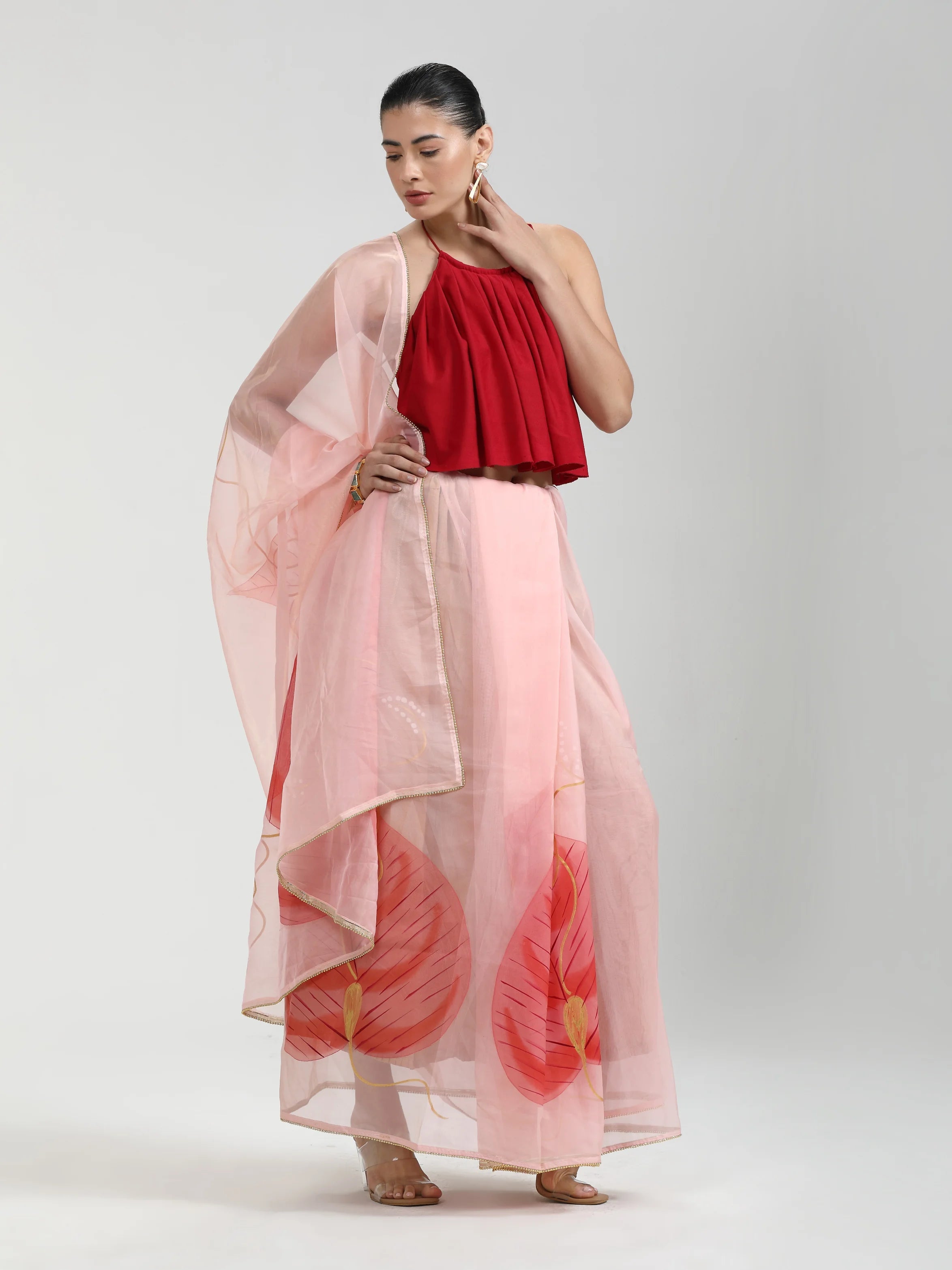 RED FLORAL HAND PAINTED ORGANZA SILK SAREE