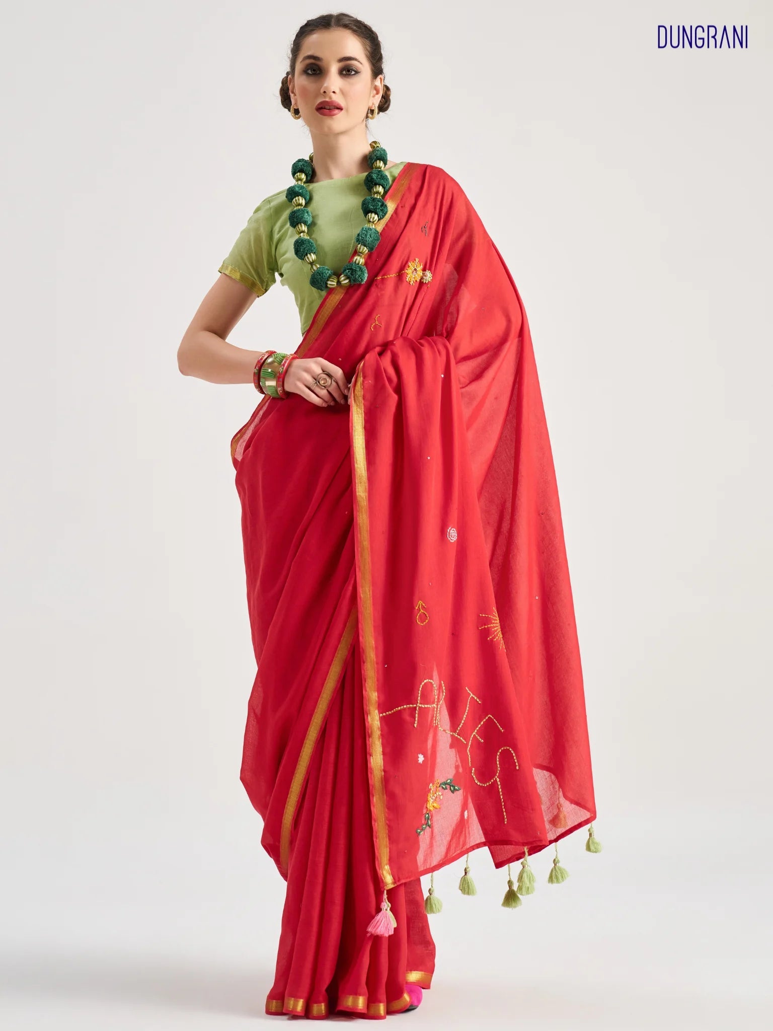 RED VISCOSE MUL ARIES VEDIC ZODIAC THREAD WORK SAREES