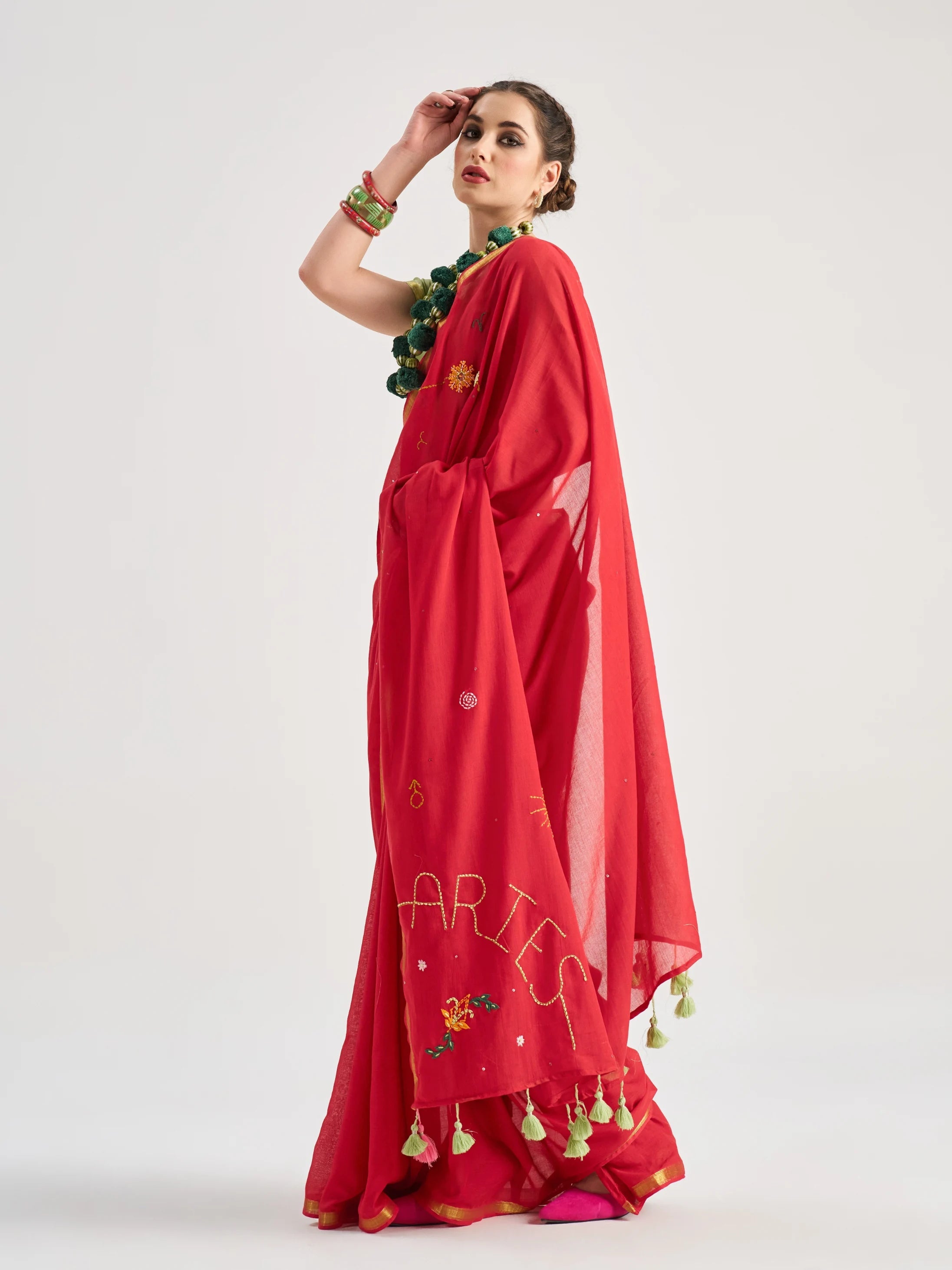 RED VISCOSE MUL ARIES VEDIC ZODIAC THREAD WORK SAREES