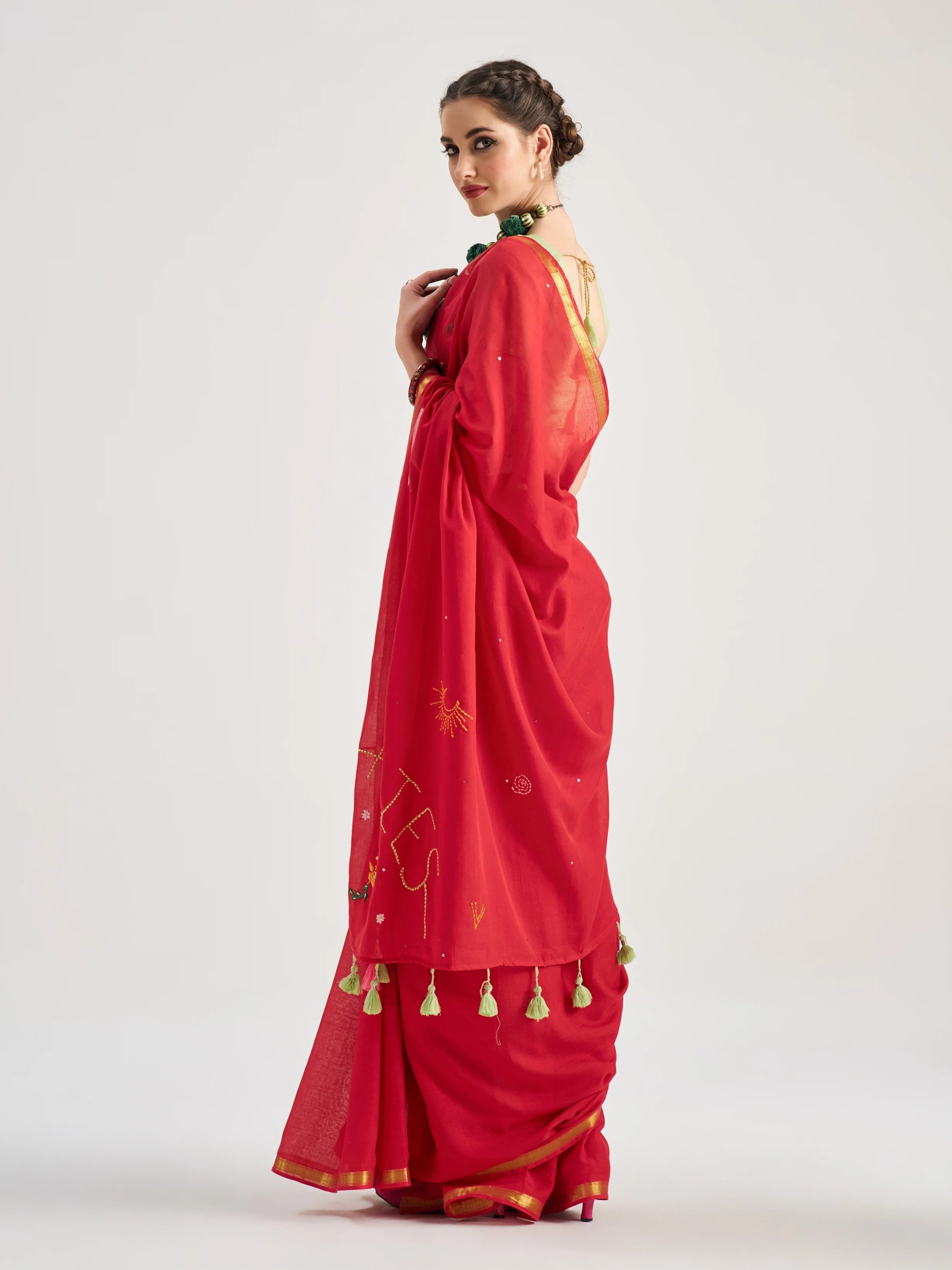 RED VISCOSE MUL ARIES VEDIC ZODIAC THREAD WORK SAREES