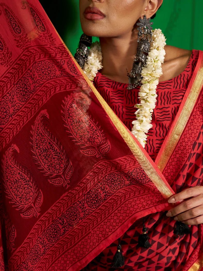 RED VISCOSE MUL RUBY BAGH PRINT SAREE