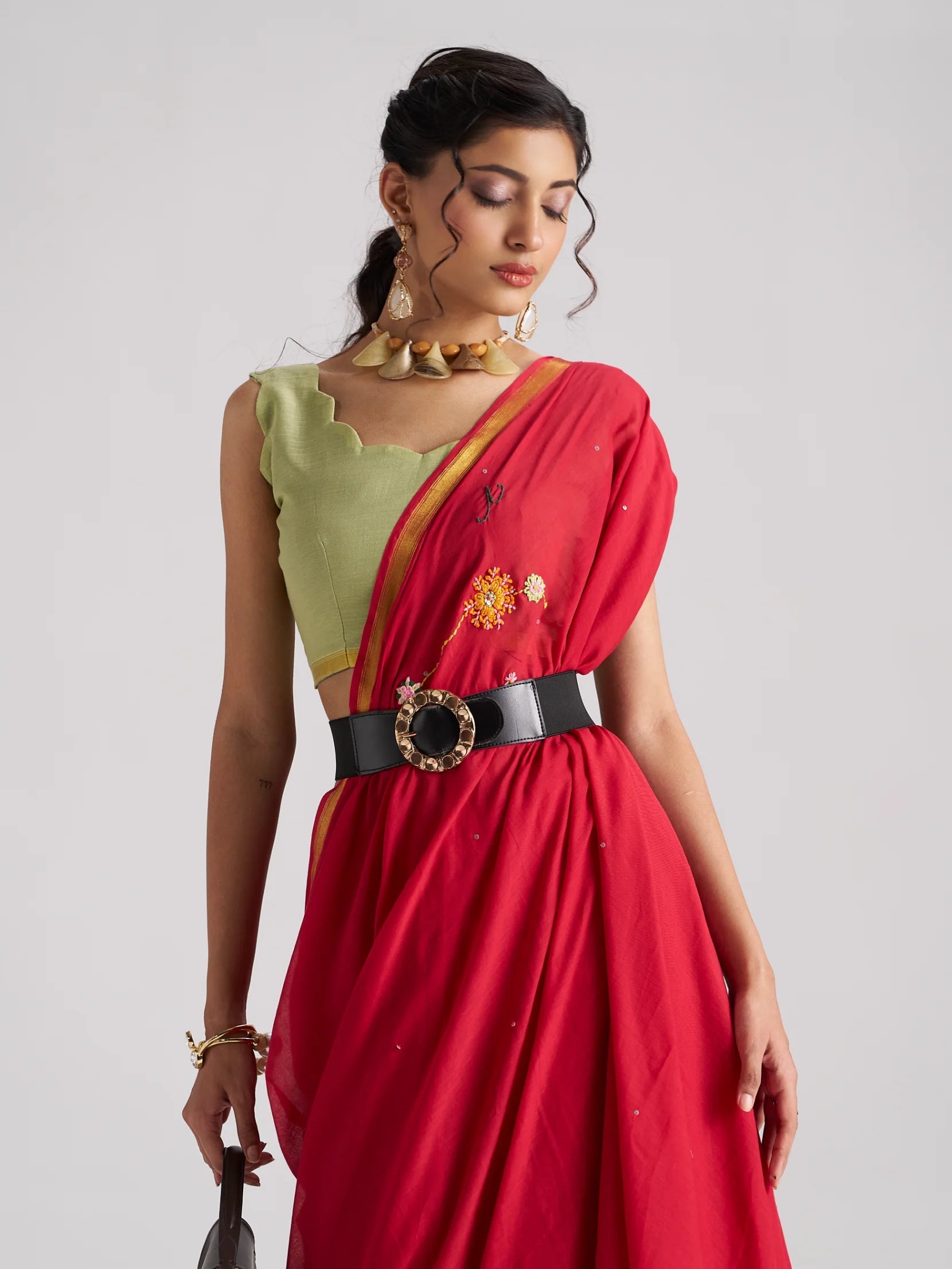 RED VISCOSE MUL THREAD WORK SAREES