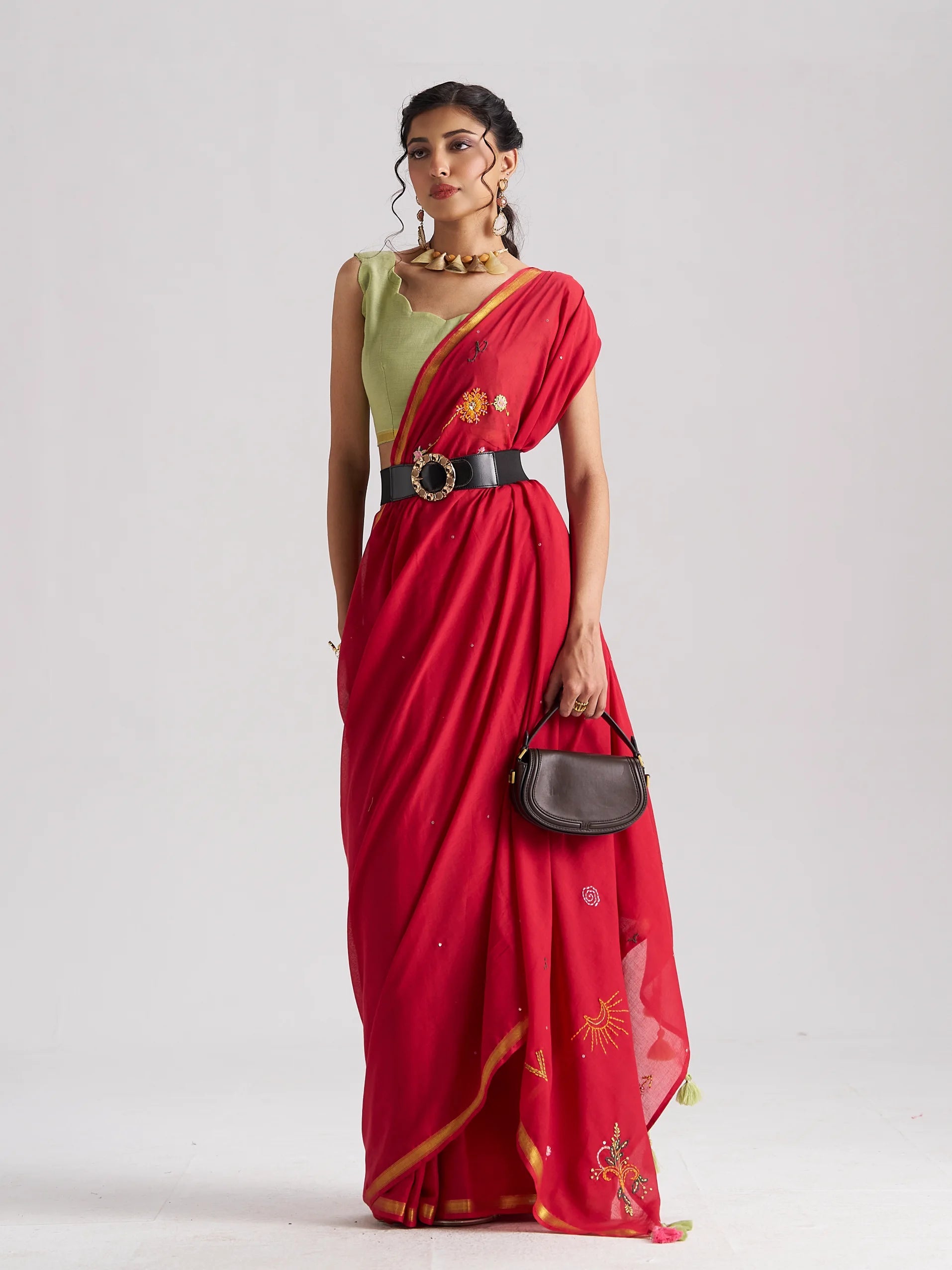 RED VISCOSE MUL THREAD WORK SAREES