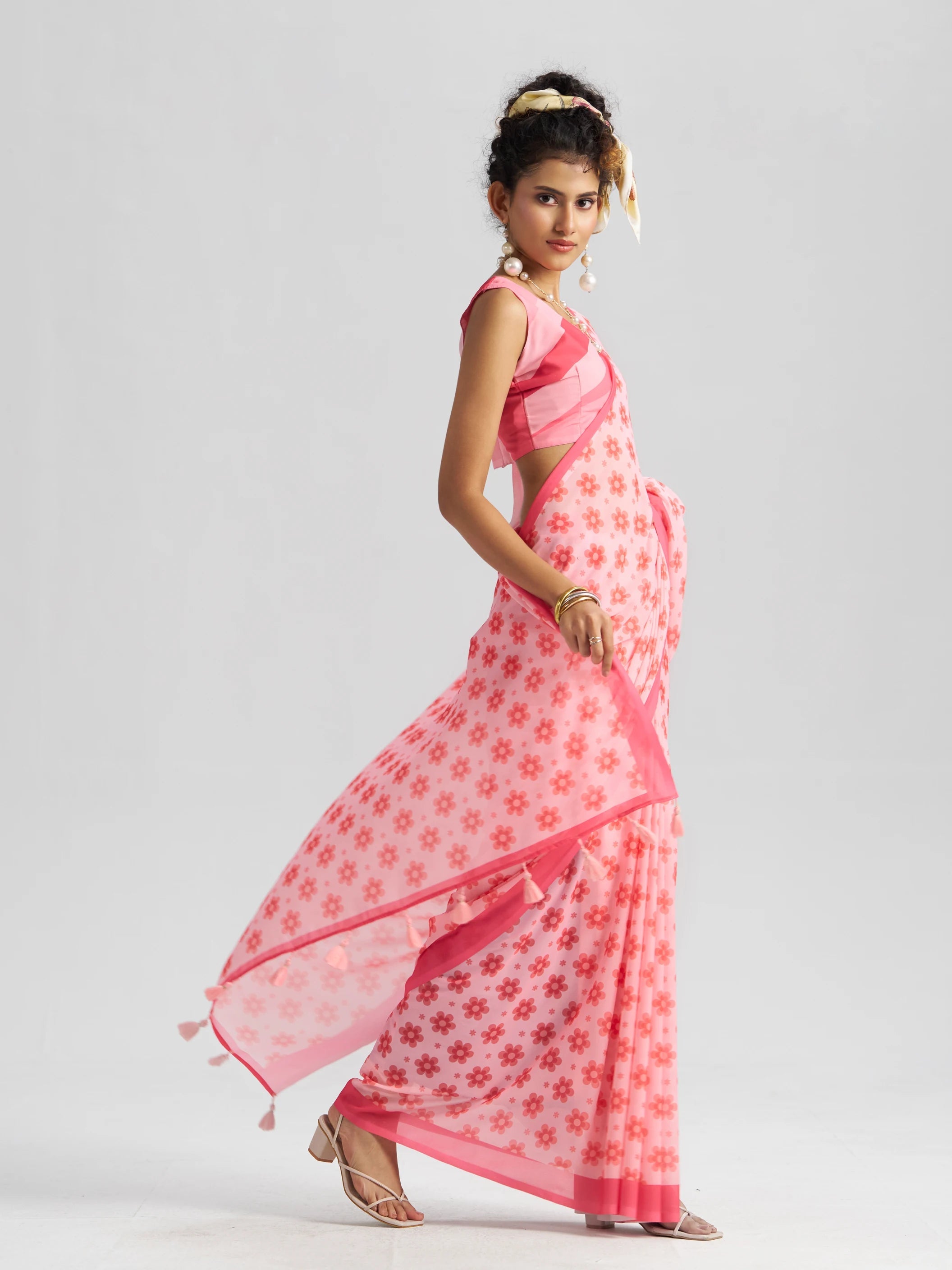 RETRO STYLE DIGITAL PRINTED BABY PINK GEORGETTE SAREE