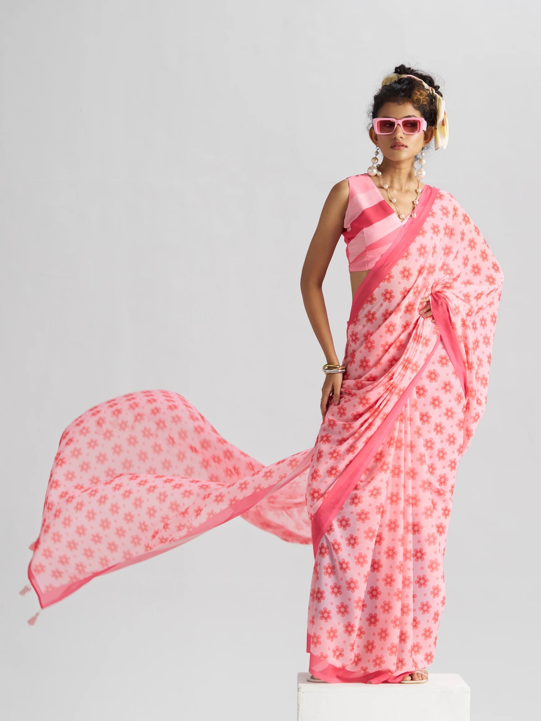 RETRO STYLE DIGITAL PRINTED BABY PINK GEORGETTE SAREE