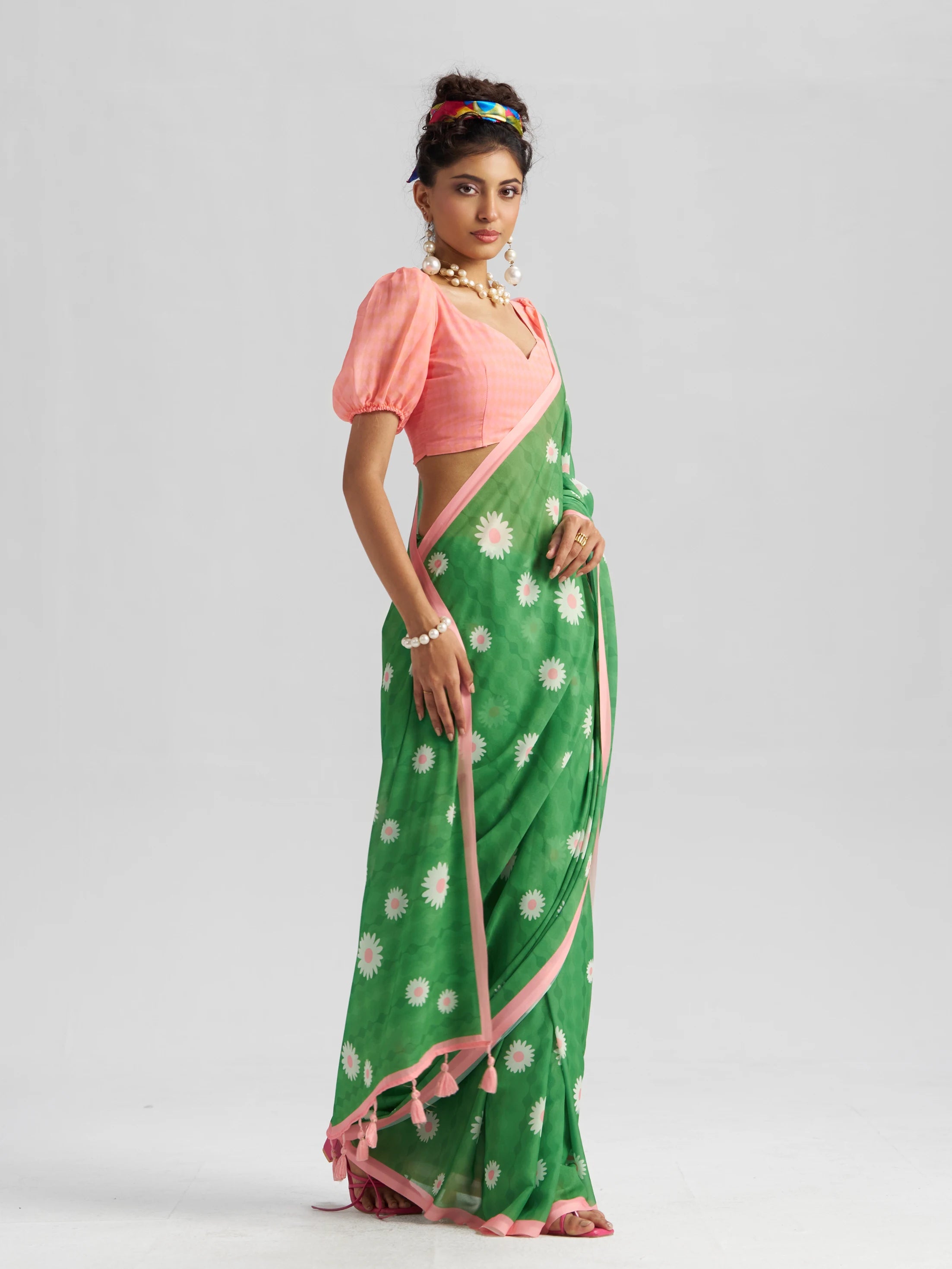 RETRO STYLE DIGITAL PRINTED GREEN GEORGETTE SAREE