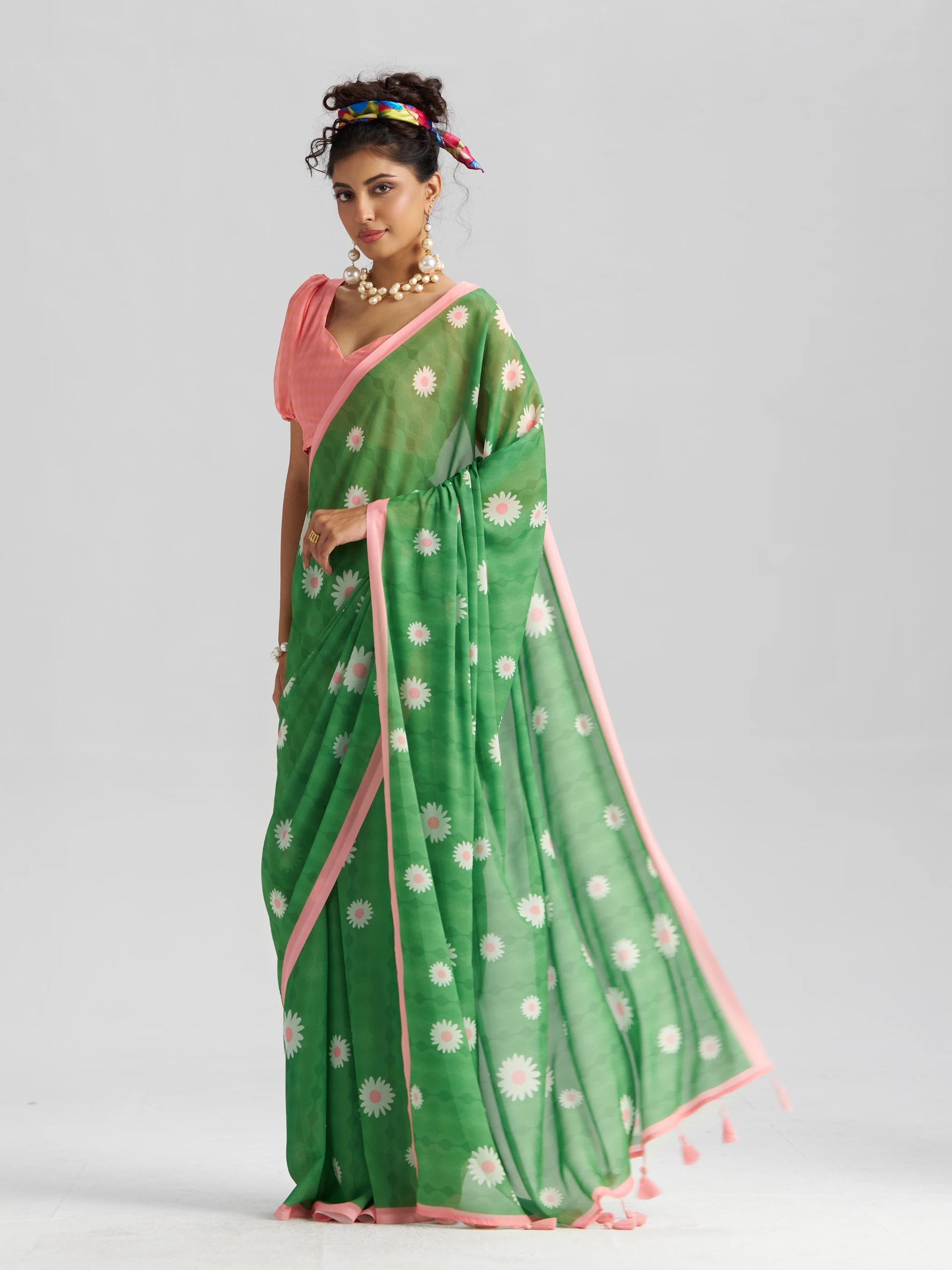 RETRO STYLE DIGITAL PRINTED GREEN GEORGETTE SAREE