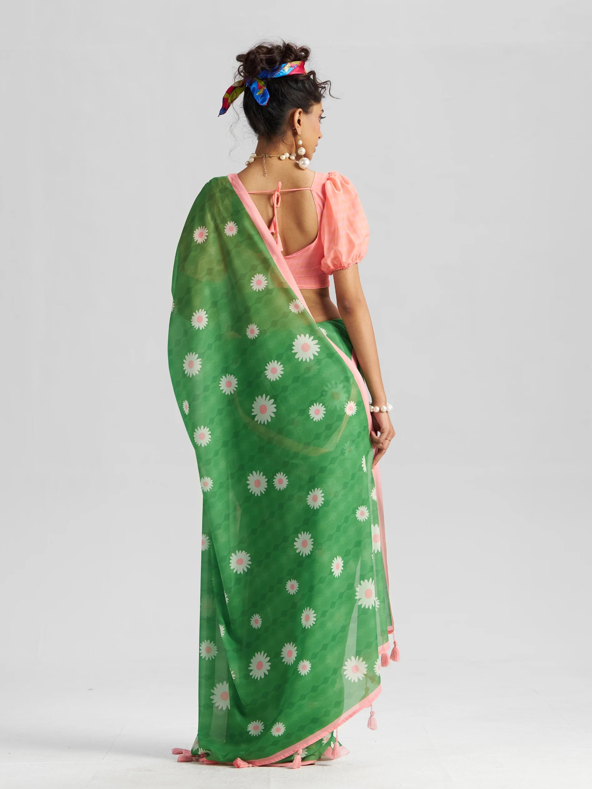 RETRO STYLE DIGITAL PRINTED GREEN GEORGETTE SAREE