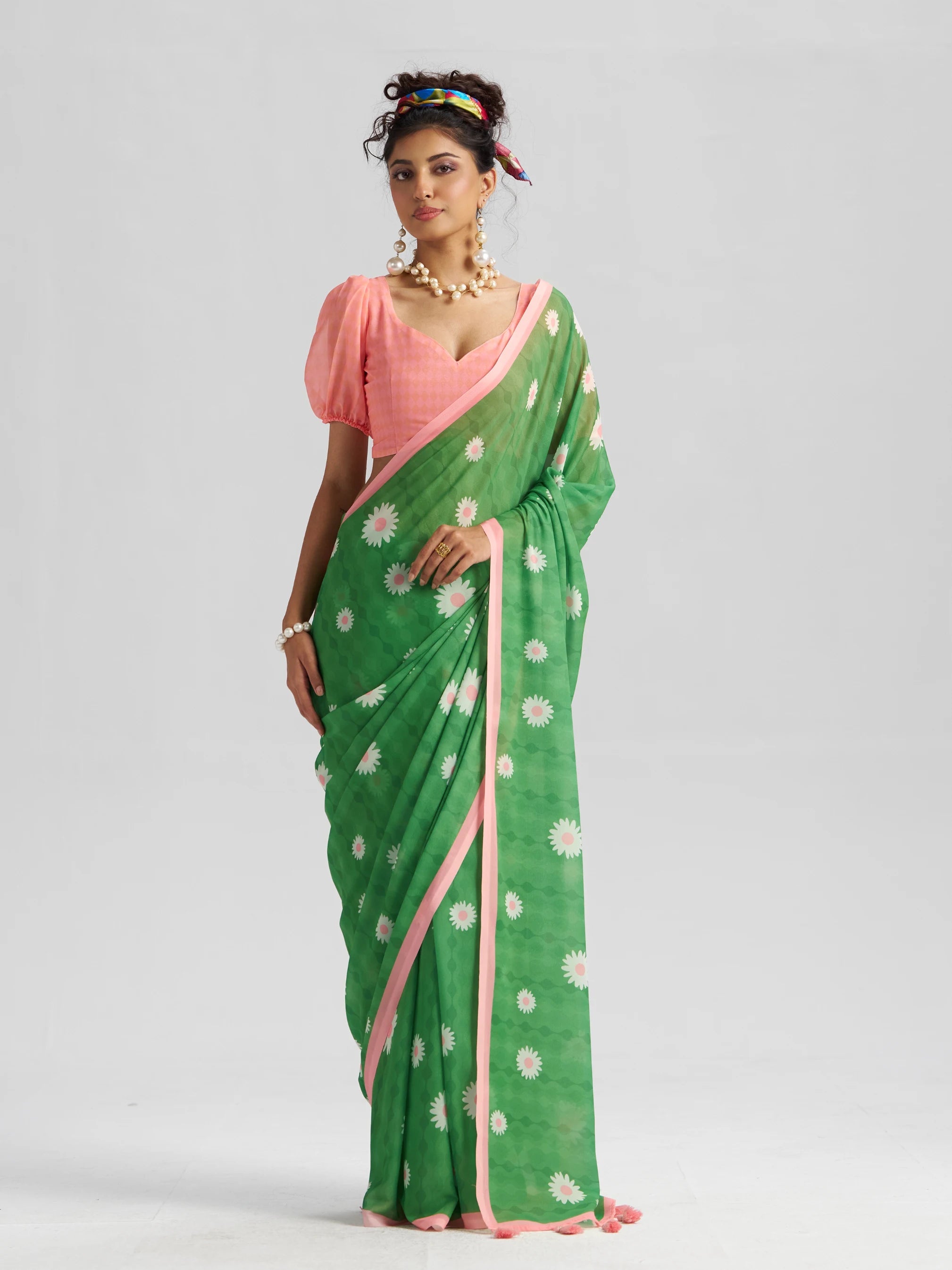 RETRO STYLE DIGITAL PRINTED GREEN GEORGETTE SAREE