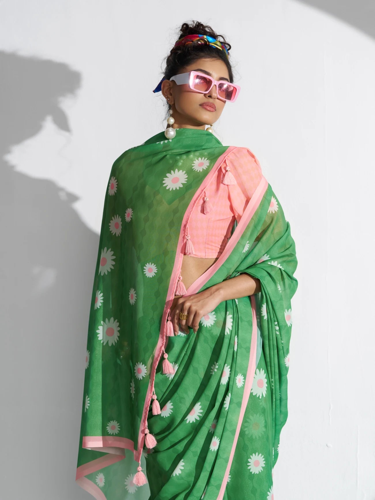 RETRO STYLE DIGITAL PRINTED GREEN GEORGETTE SAREE