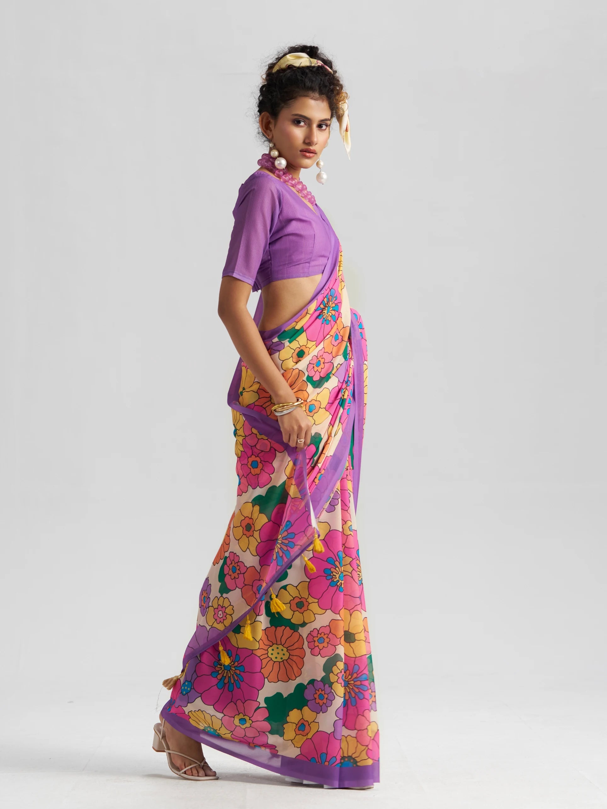 RETRO STYLE DIGITAL PRINTED LAVENDER GEORGETTE SAREE