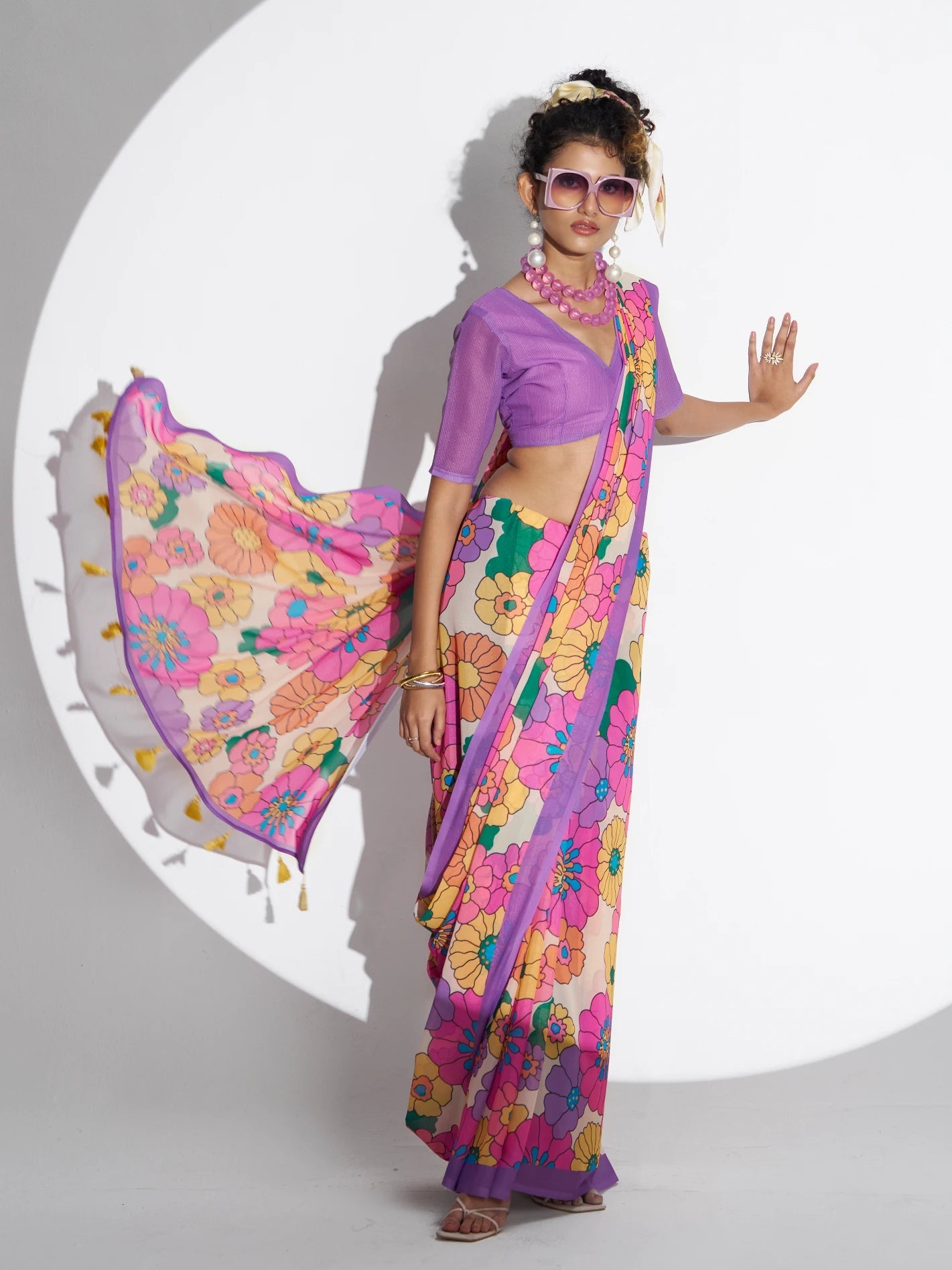 RETRO STYLE DIGITAL PRINTED LAVENDER GEORGETTE SAREE