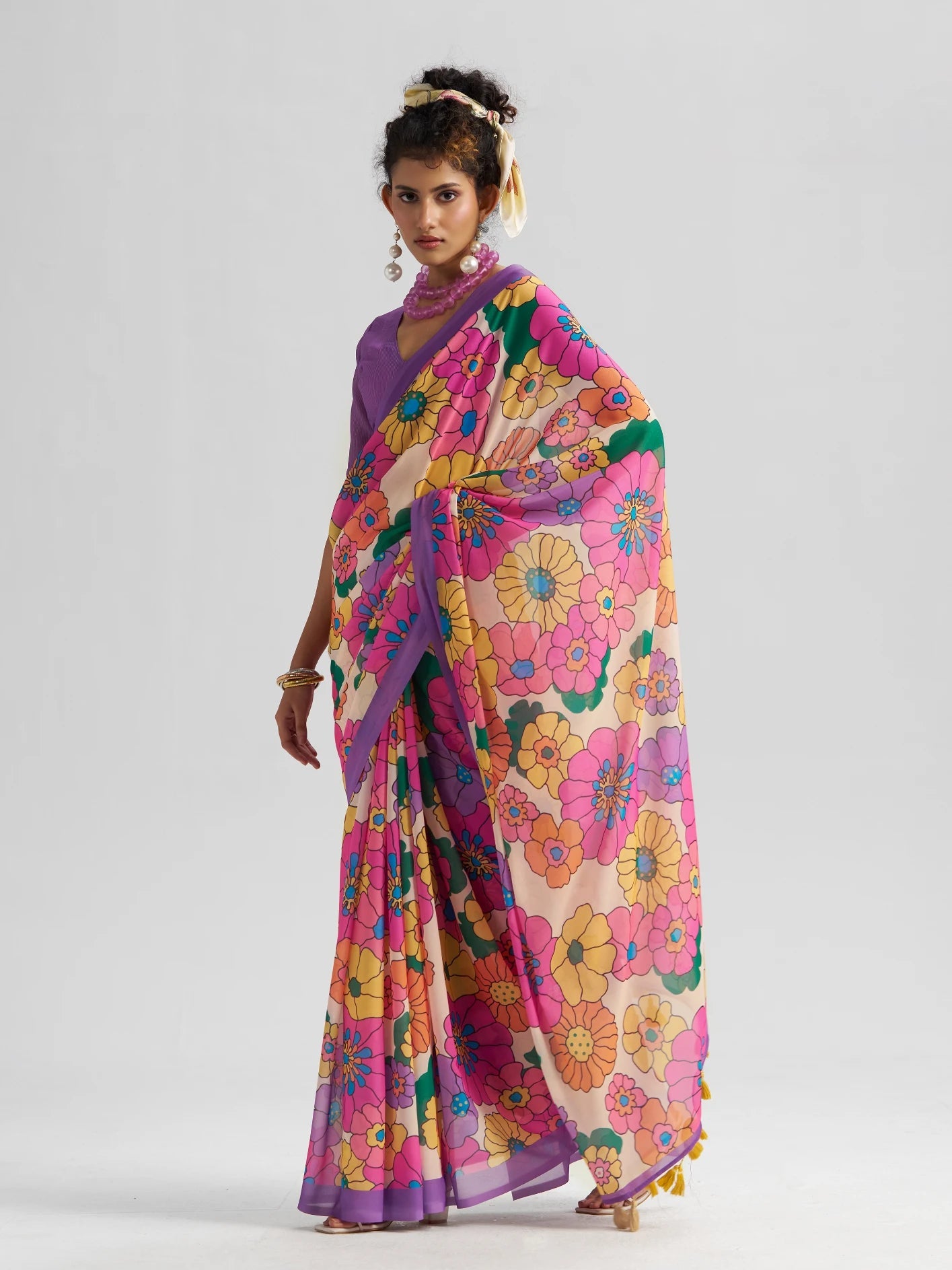 RETRO STYLE DIGITAL PRINTED LAVENDER GEORGETTE SAREE