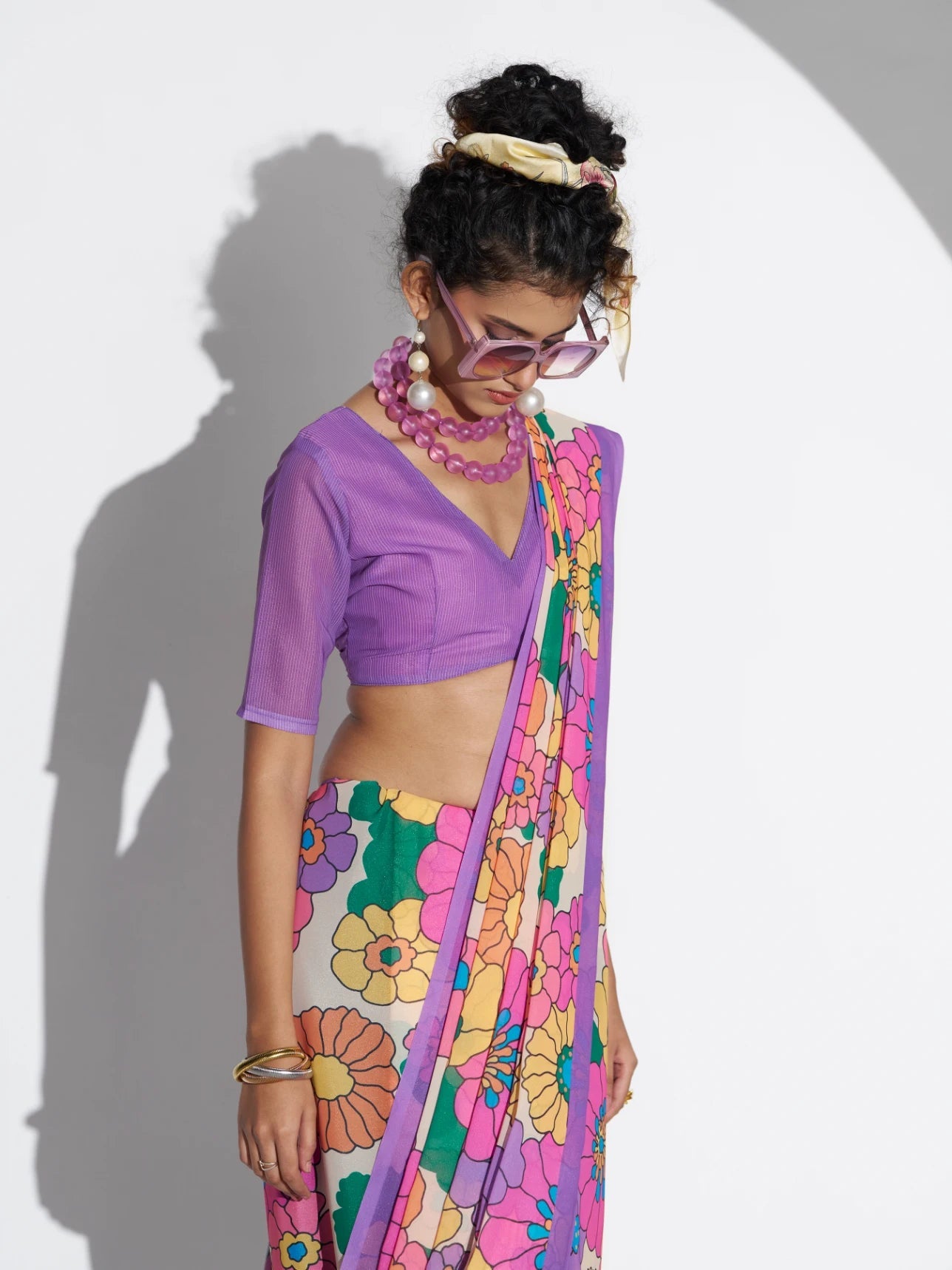 RETRO STYLE DIGITAL PRINTED LAVENDER GEORGETTE SAREE