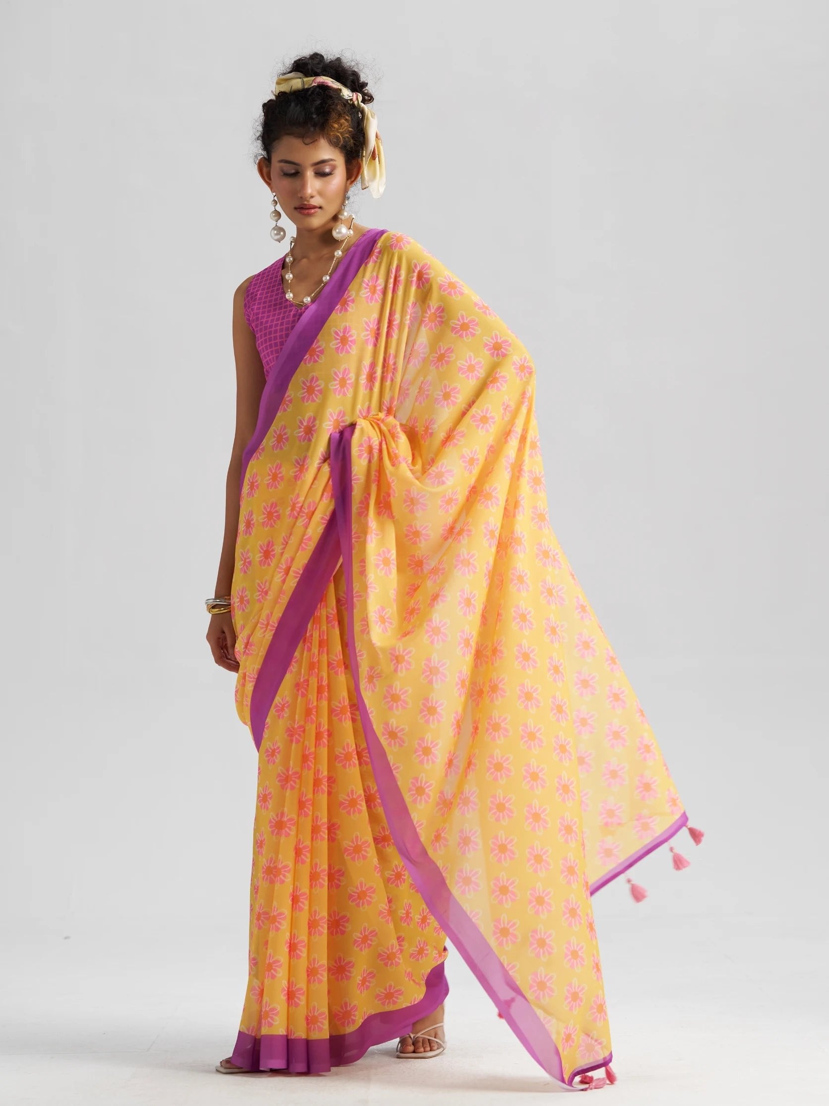 RETRO STYLE DIGITAL PRINTED LAVENDER & YELLOW GEORGETTE SAREE