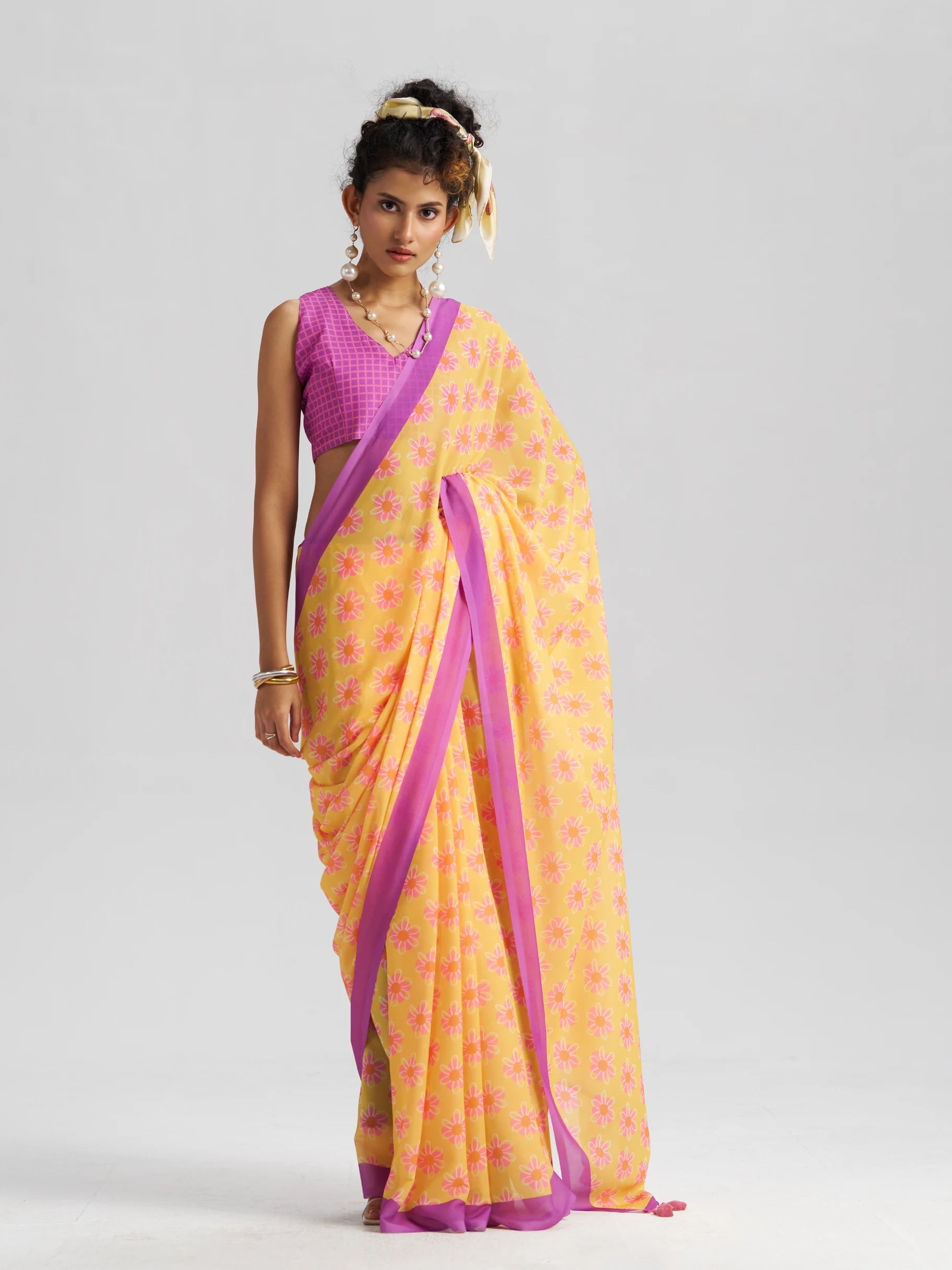 RETRO STYLE DIGITAL PRINTED LAVENDER & YELLOW GEORGETTE SAREE