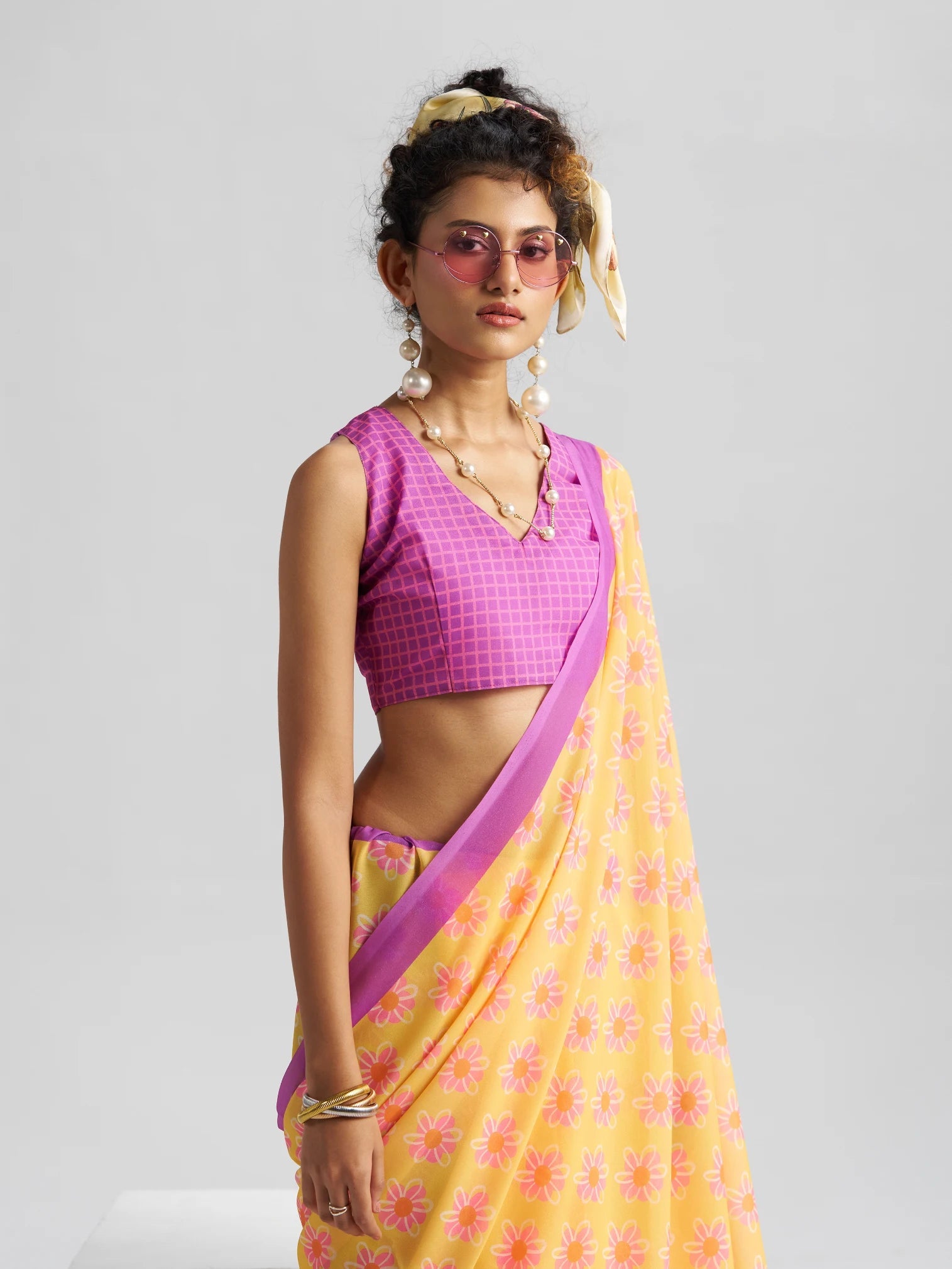RETRO STYLE DIGITAL PRINTED LAVENDER & YELLOW GEORGETTE SAREE