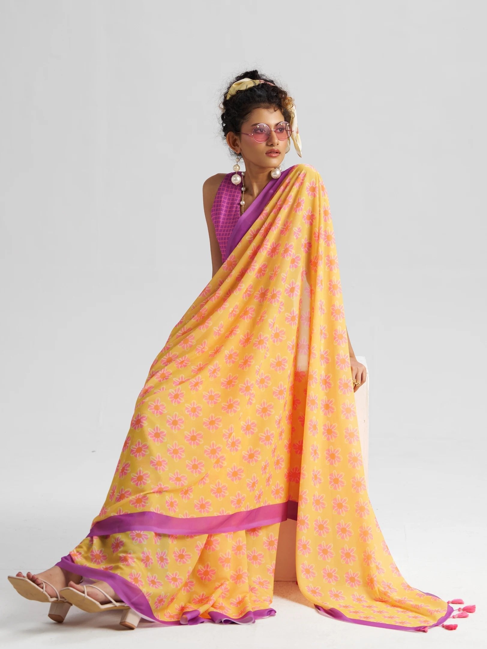 RETRO STYLE DIGITAL PRINTED LAVENDER & YELLOW GEORGETTE SAREE