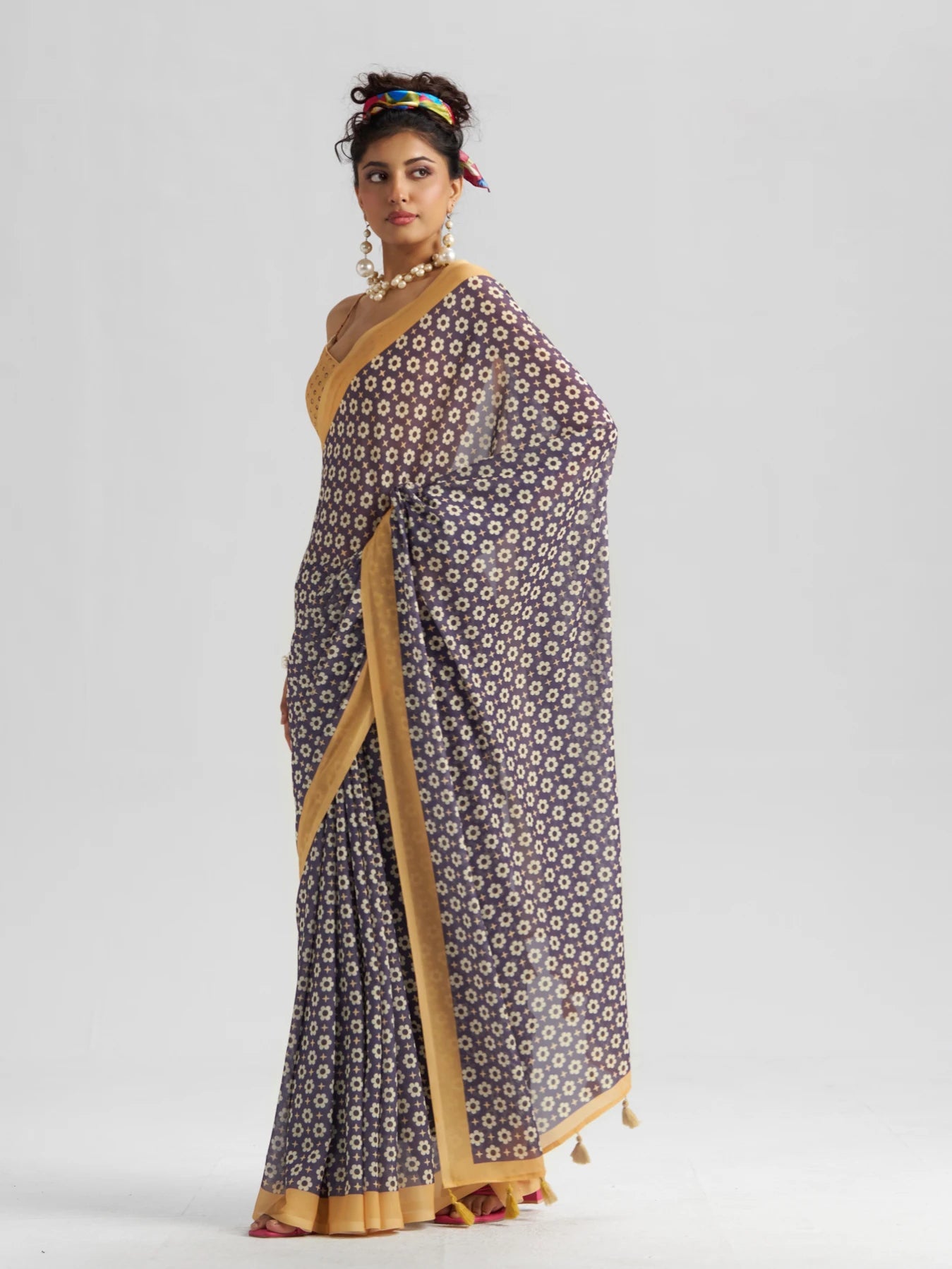 RETRO STYLE DIGITAL PRINTED MIDNIGHT BLUE GEORGETTE SAREE