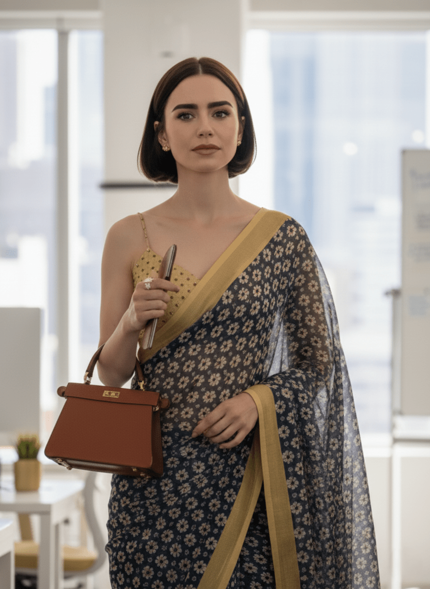 RETRO STYLE DIGITAL PRINTED MIDNIGHT BLUE GEORGETTE SAREE