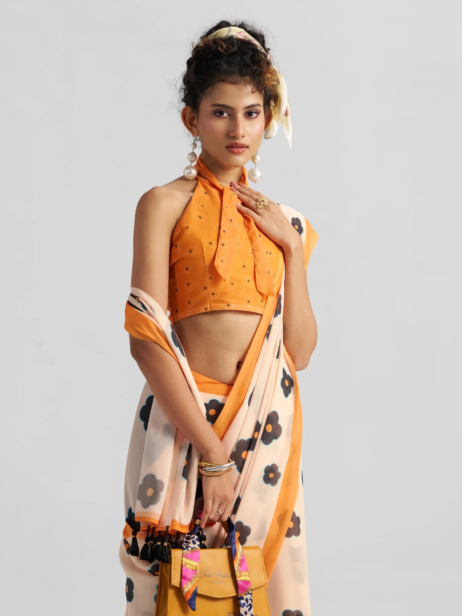 RETRO STYLE DIGITAL PRINTED MUSTARD BEIGE GEORGETTE SAREE