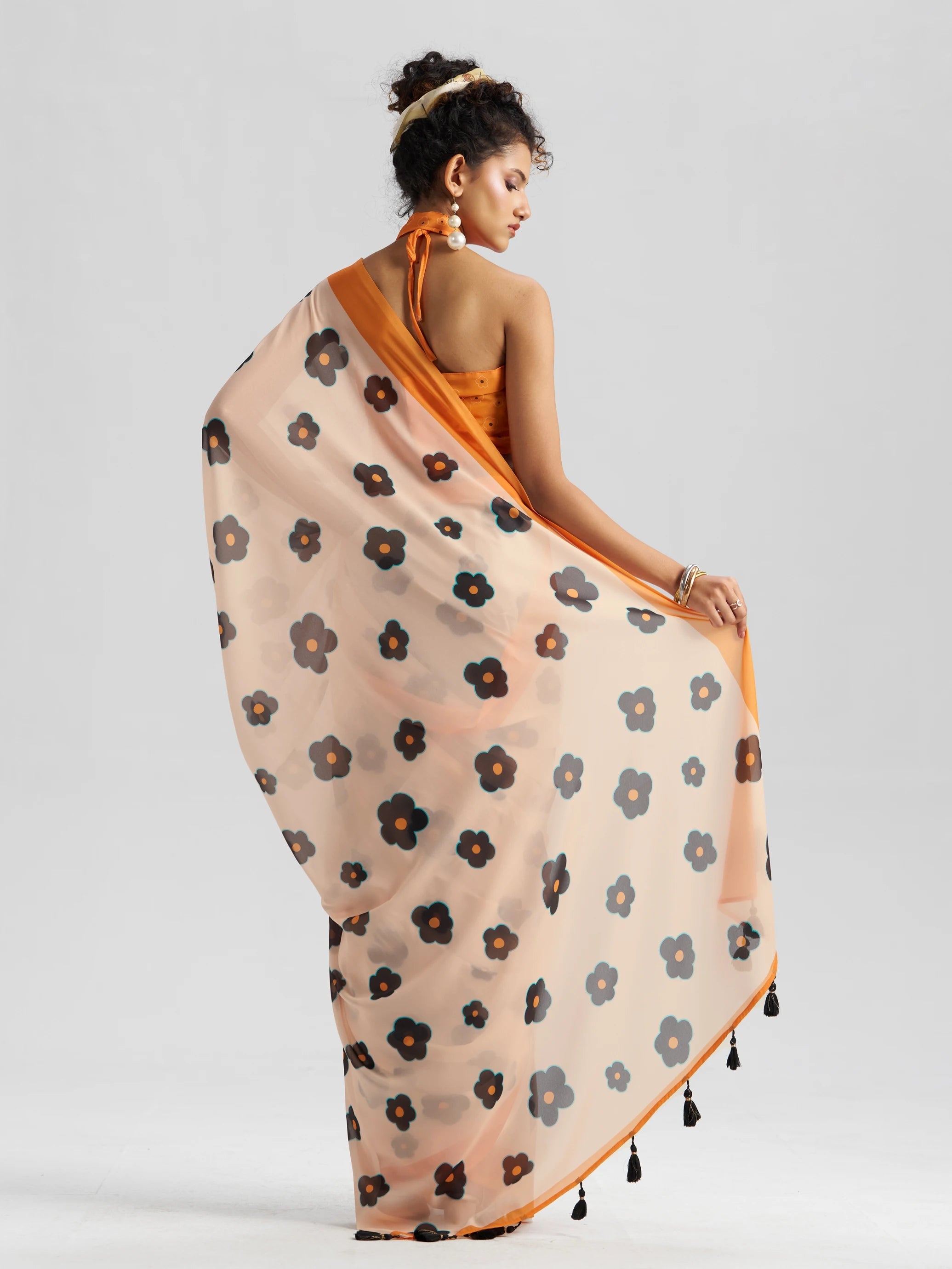 RETRO STYLE DIGITAL PRINTED MUSTARD BEIGE GEORGETTE SAREE