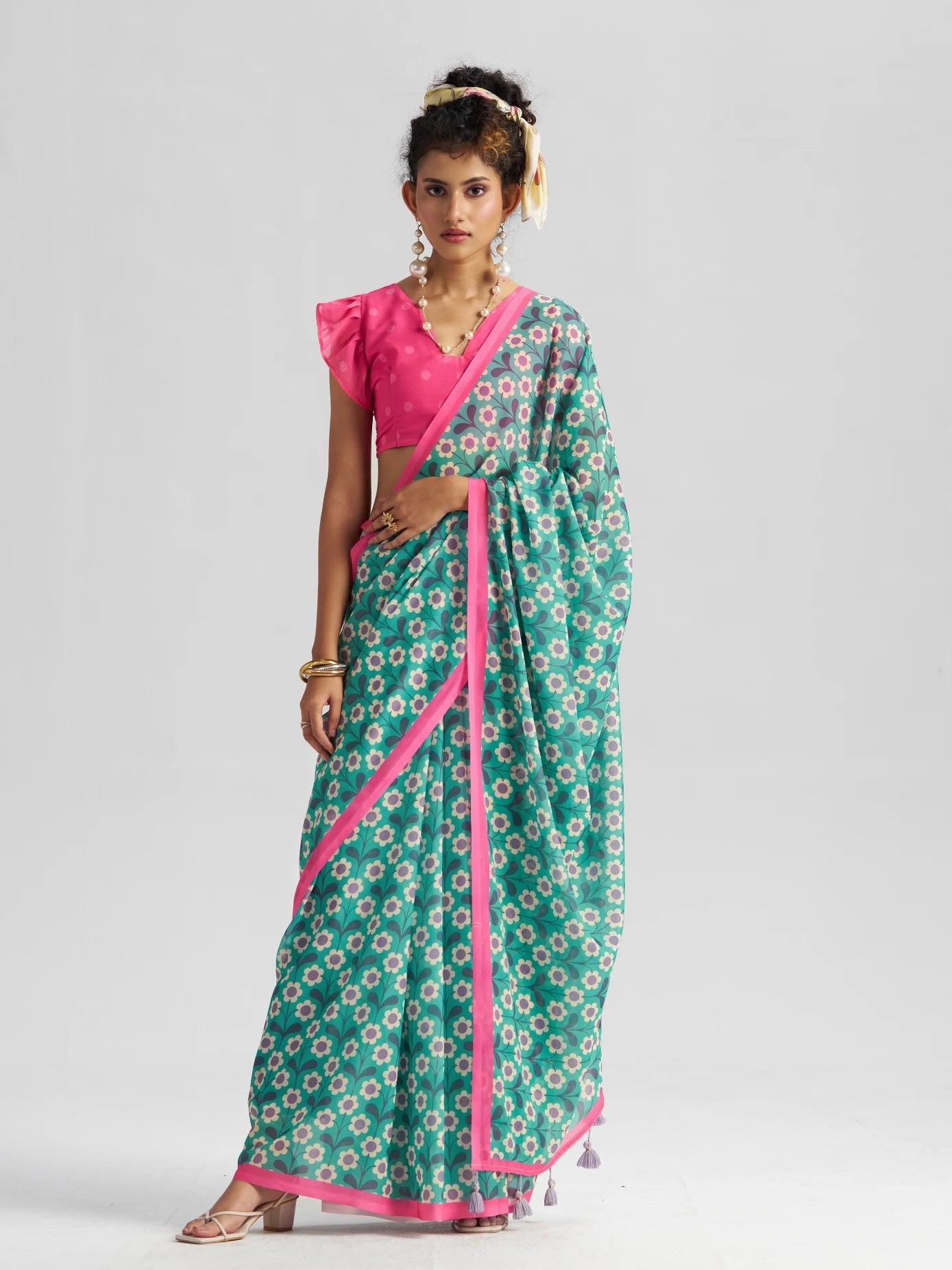 RETRO STYLE DIGITAL PRINTED RAMA GREEN GEORGETTE SAREE