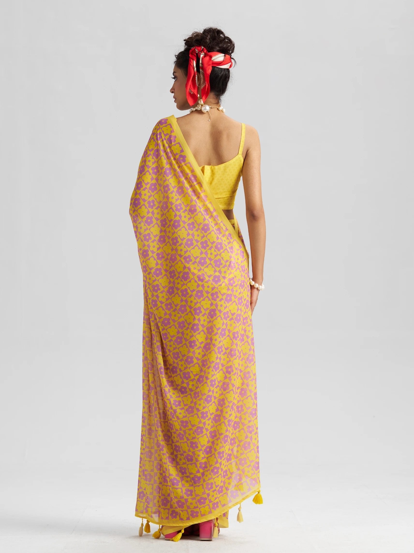 RETRO STYLE DIGITAL PRINTED YELLOW GEORGETTE SAREE