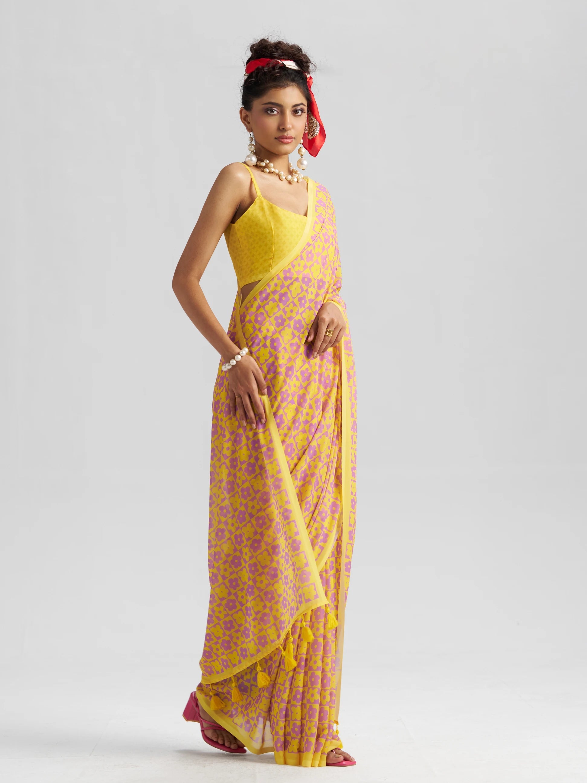 RETRO STYLE DIGITAL PRINTED YELLOW GEORGETTE SAREE