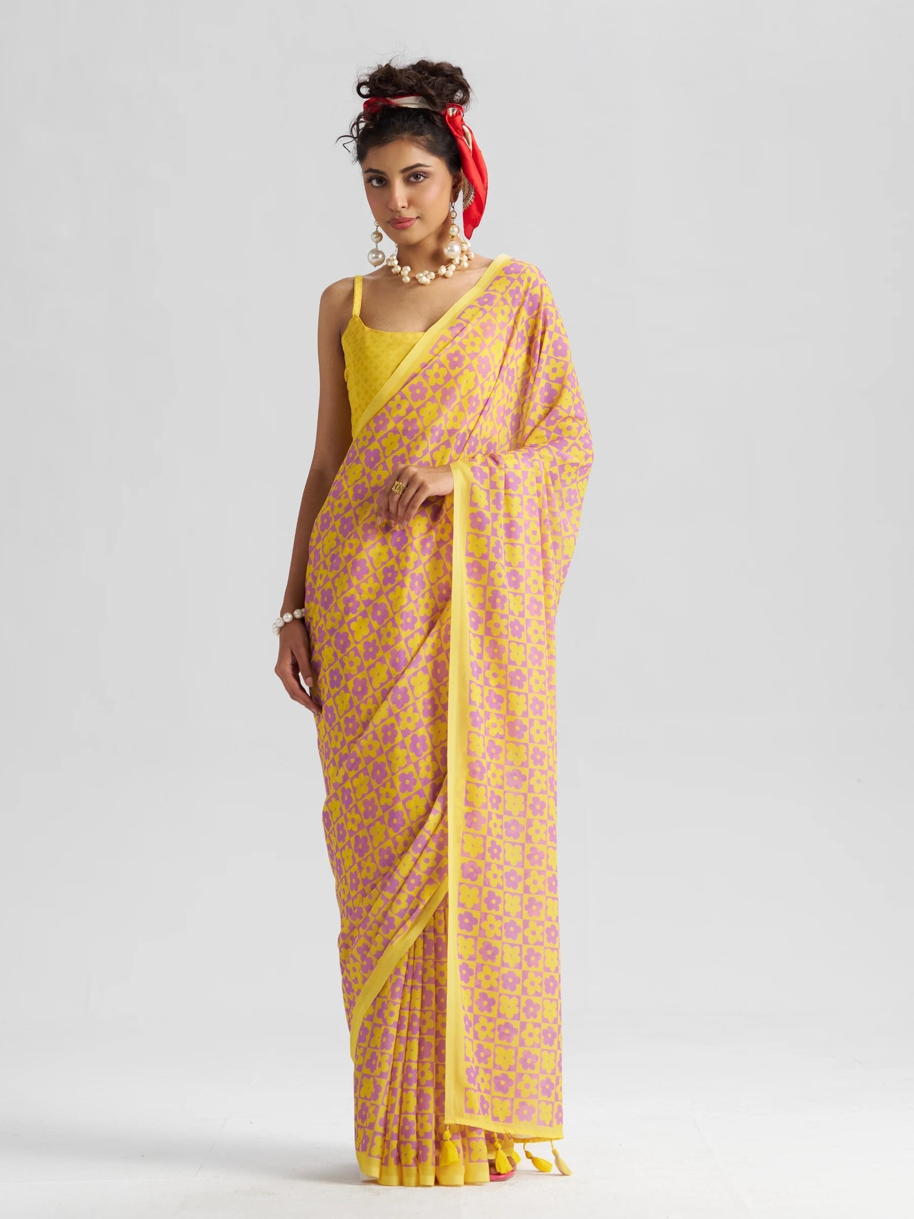 RETRO STYLE DIGITAL PRINTED YELLOW GEORGETTE SAREE