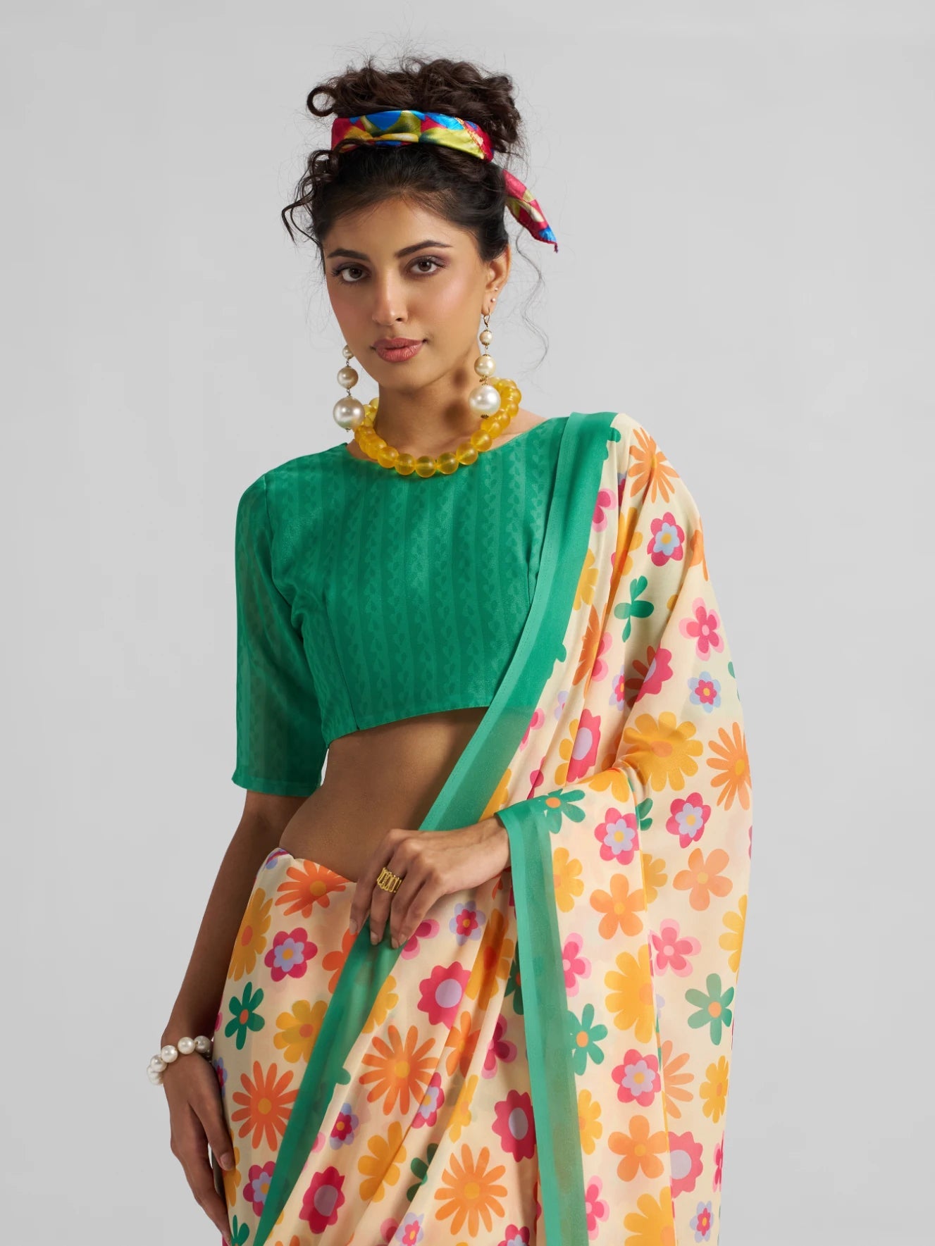 RETRO STYLE DIGITAL PRINTED YELLOW & GREEN GEORGETTE SAREE