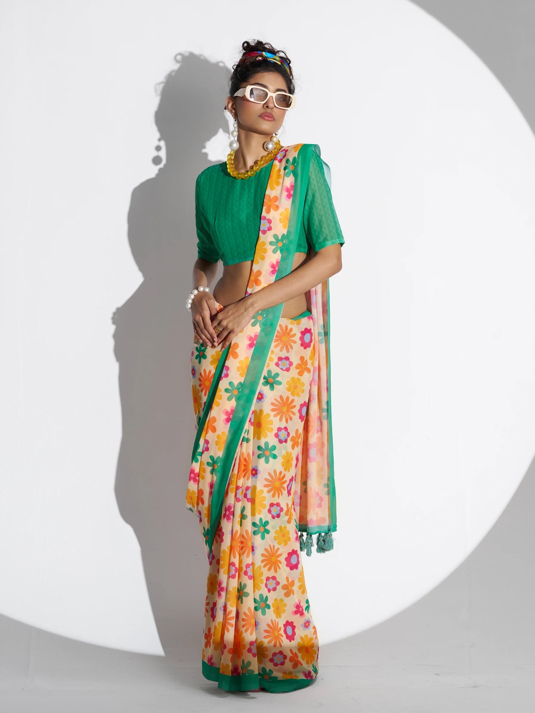 RETRO STYLE DIGITAL PRINTED YELLOW & GREEN GEORGETTE SAREE